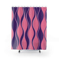 Pink and grape purple hourglass stripes with lilac lines shower curtain with full front view