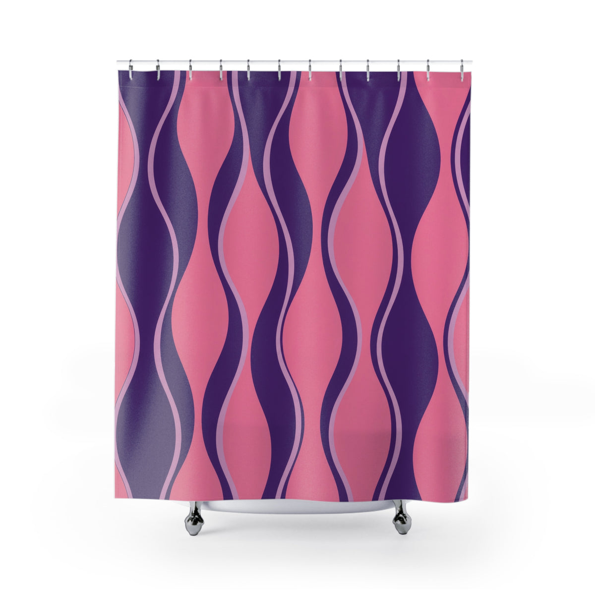 Pink and grape purple hourglass stripes with lilac lines shower curtain with full front view