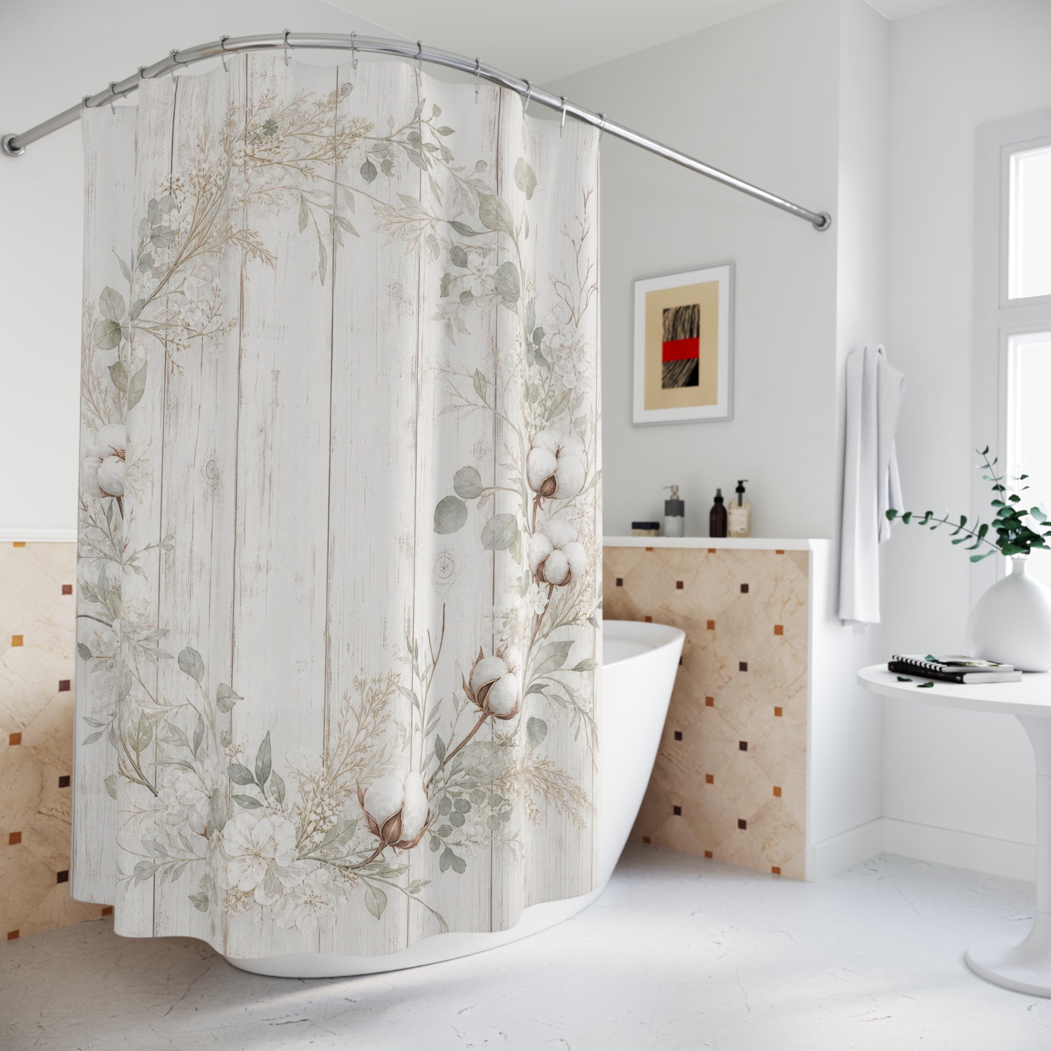 White Farmhouse Shower Curtain: Cotton Wreath Botanical