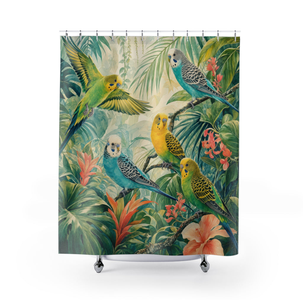 Parakeet Rainforest Canopy shower curtain with full front view