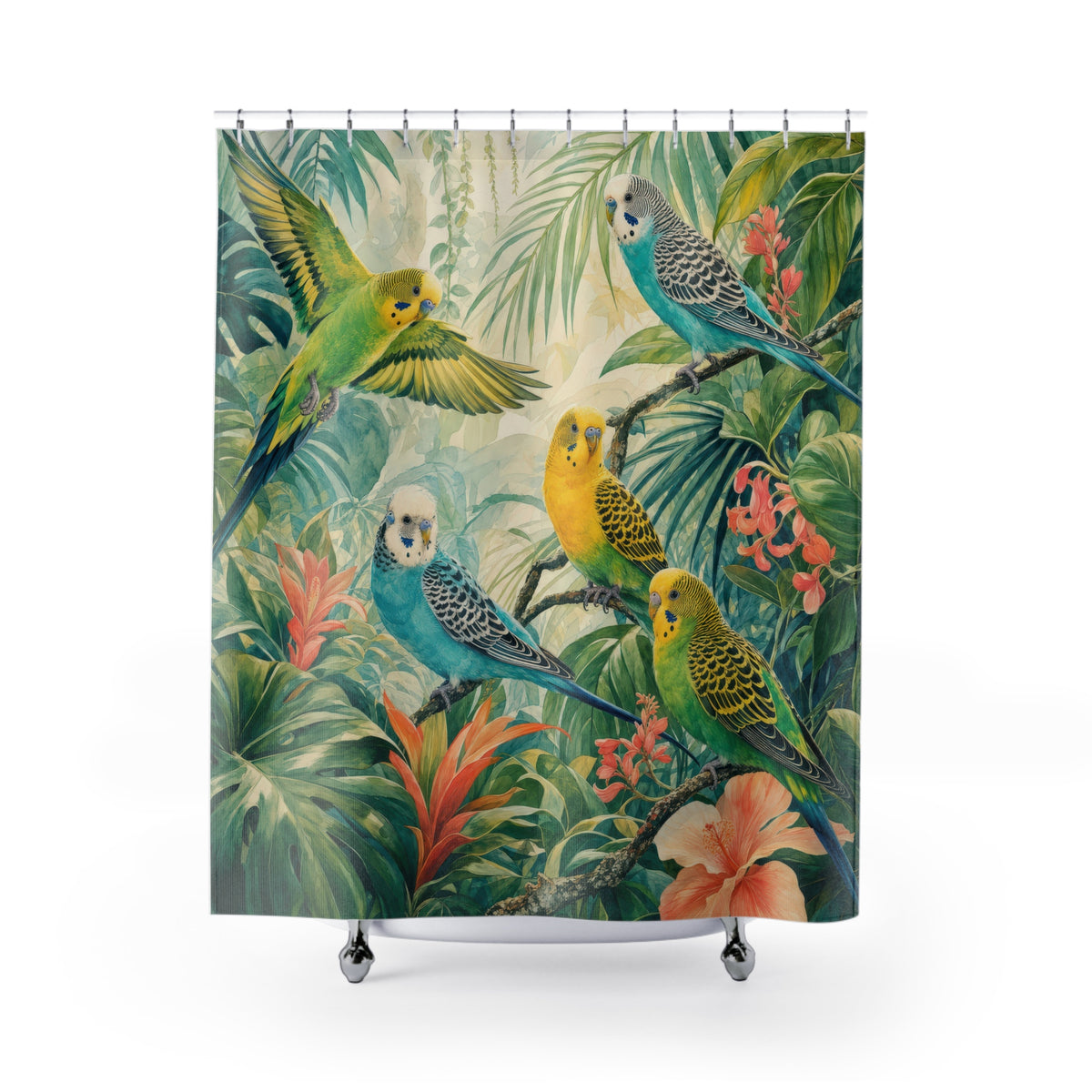 Parakeet Rainforest Canopy shower curtain with full front view