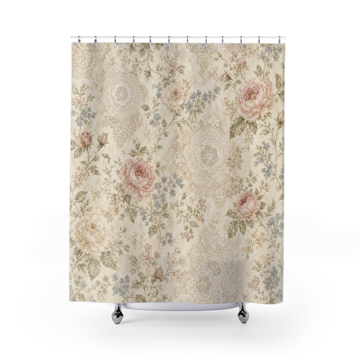 Pink Rose Lace vintage floral shower curtain with full front view