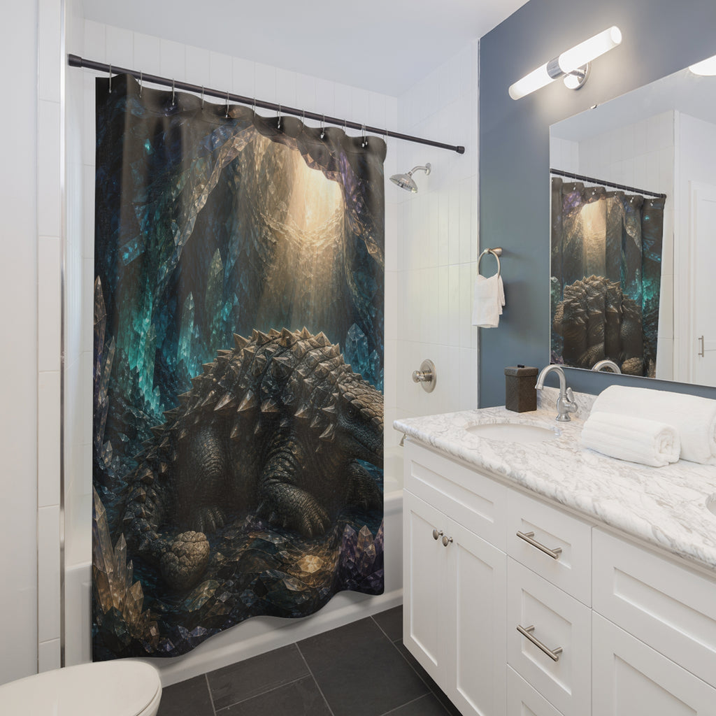 Blue Crystal Cave Ankylosaurus shower curtain beside a white vanity