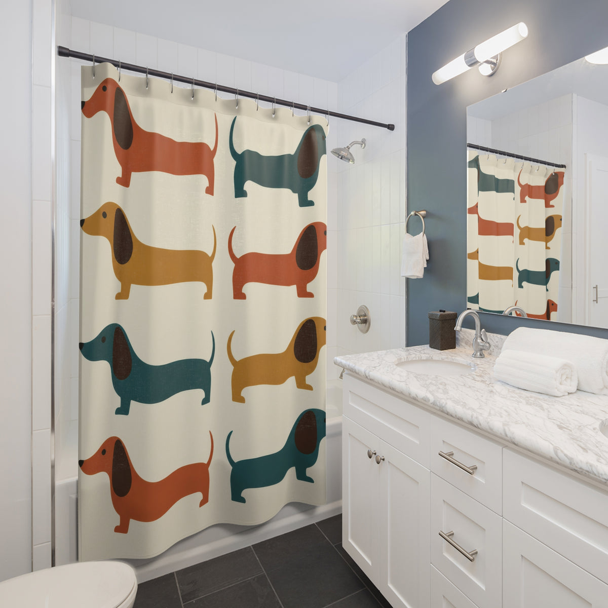 Mid century colorful dachshund shower curtain beside a white vanity