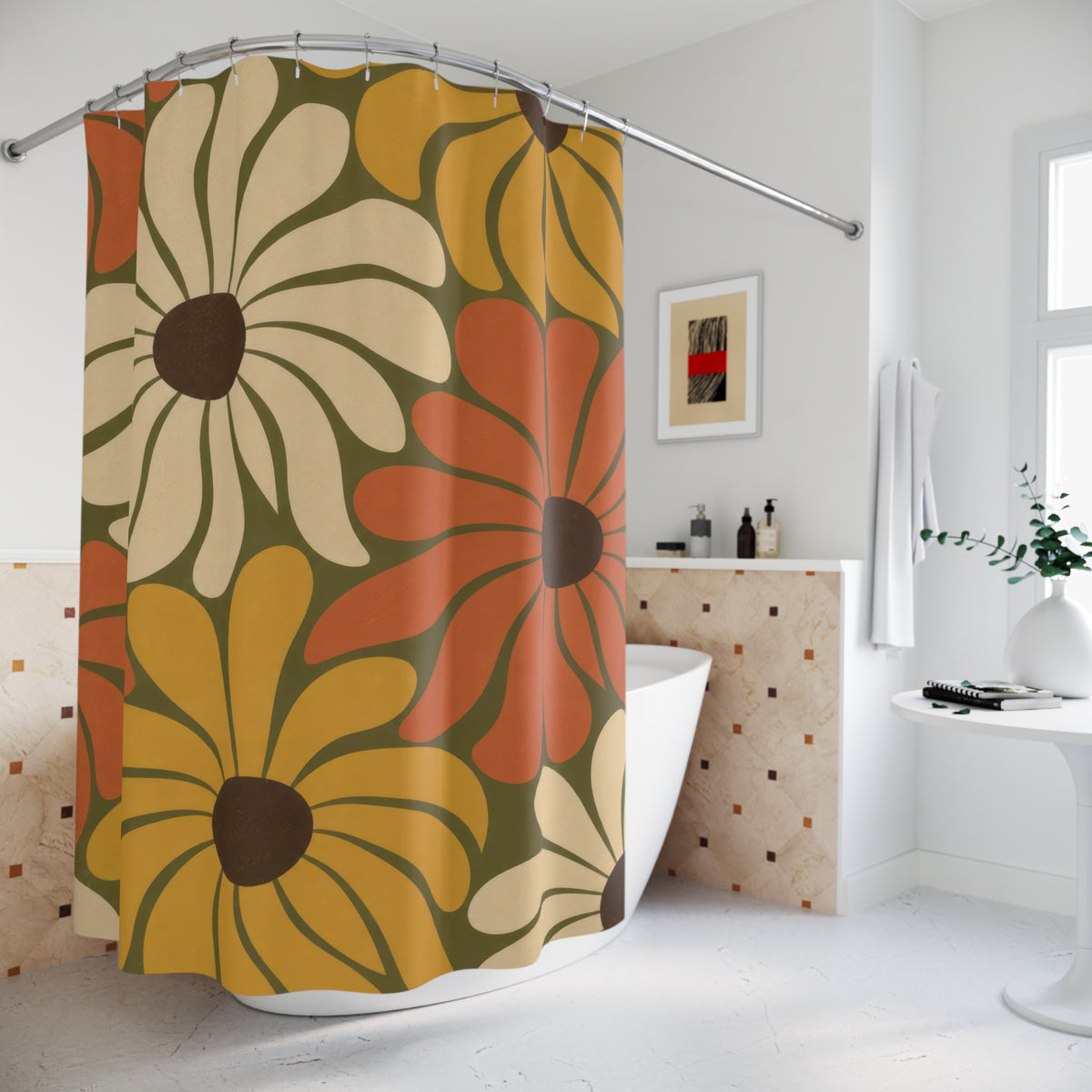 Terracotta mustard and cream daisy pattern shower curtain beside a freestanding tub