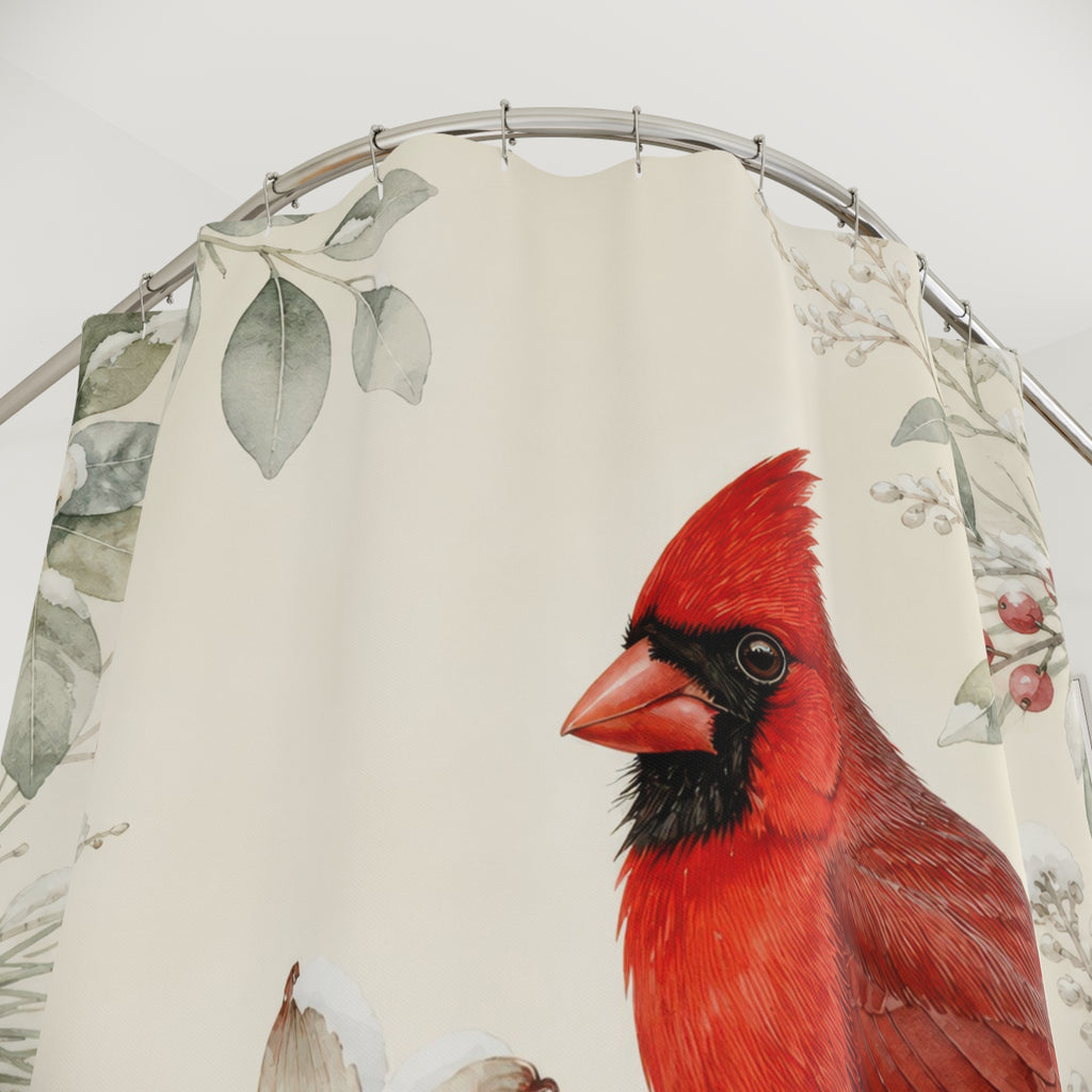 Red cardinal with sage winter botanicals shower curtain with close-up print, hooks, and folds