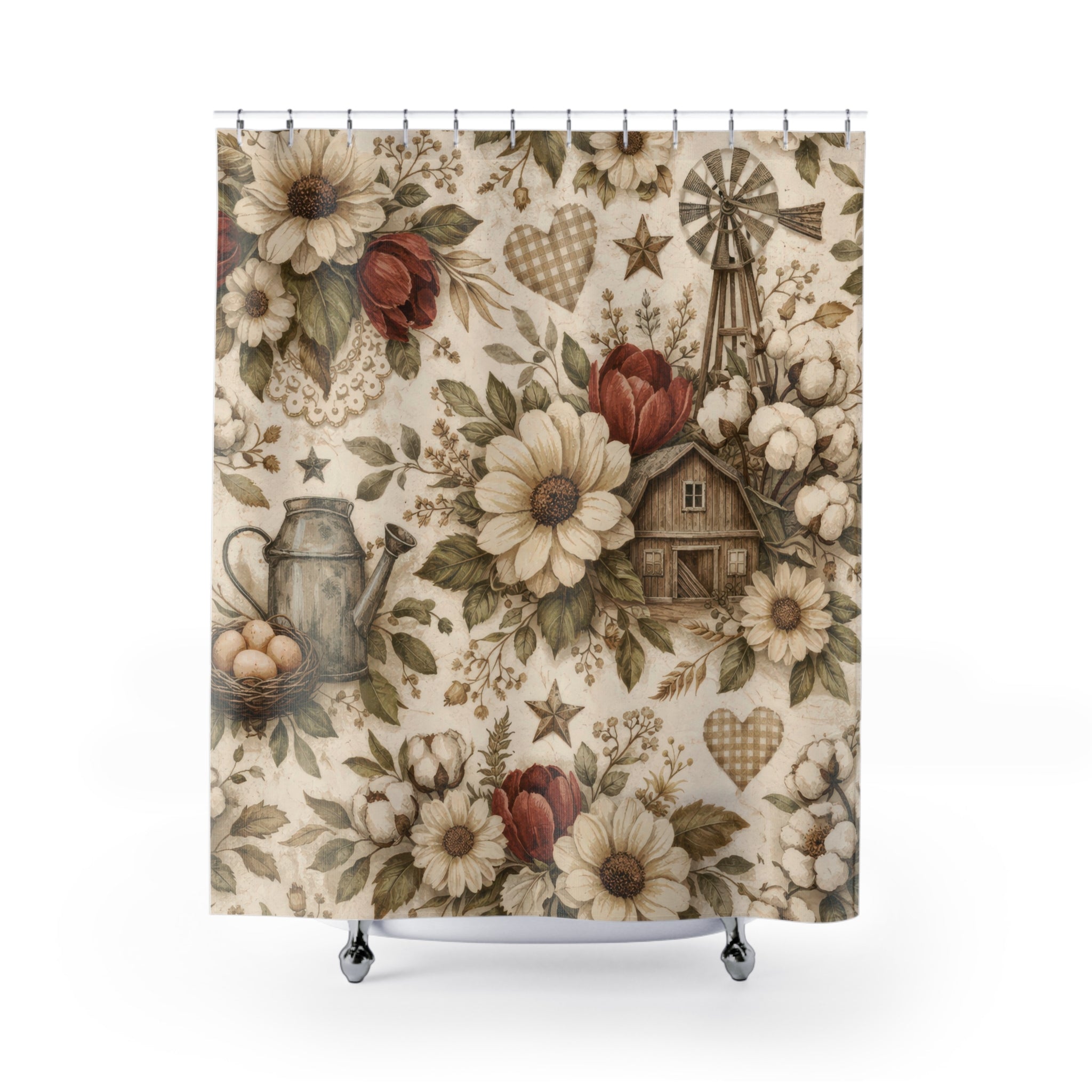 Farmhouse Floral Shower Curtain — Cream and Red