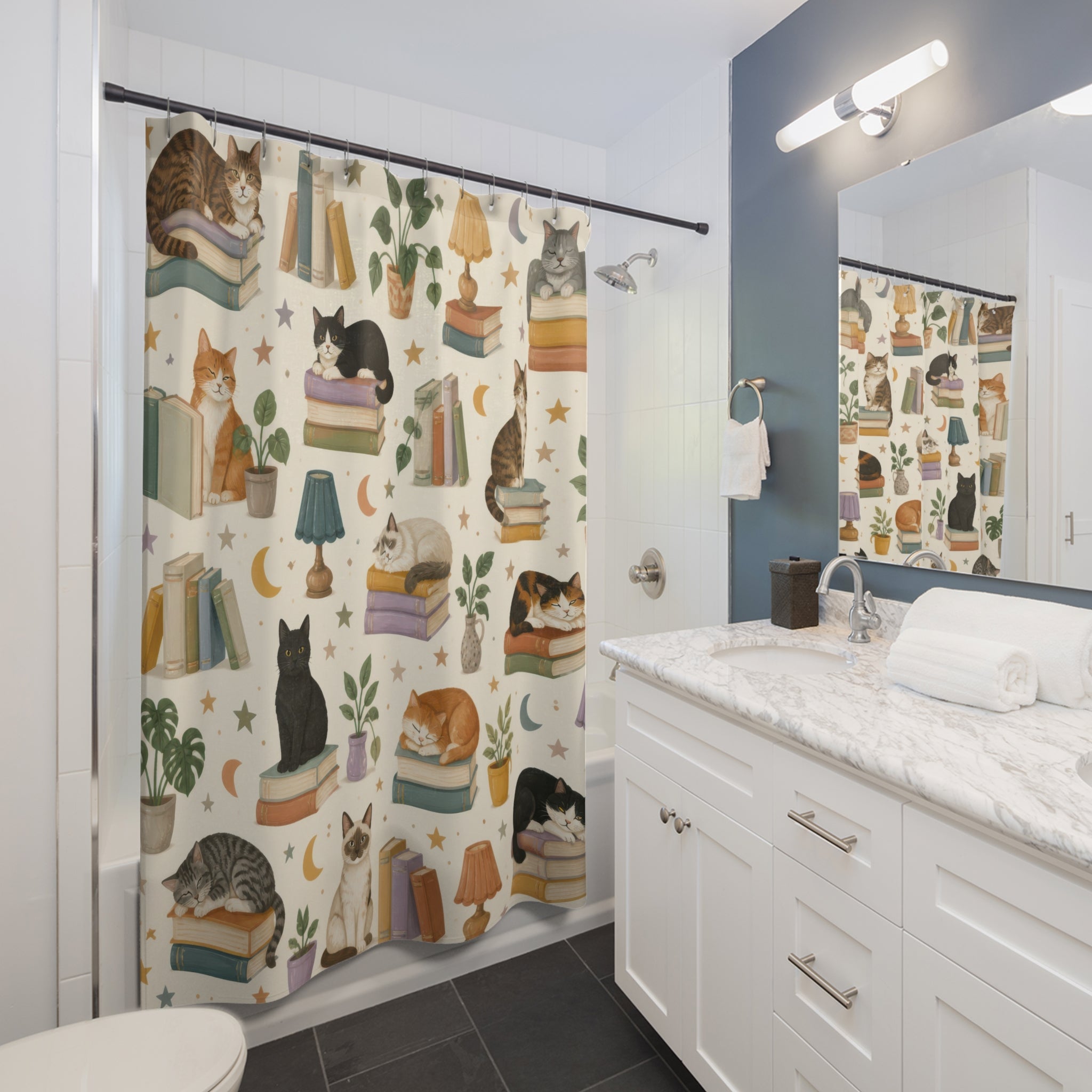 Kids Cat Shower Curtain, Cozy Reading Nook Book Pattern, Cute Library Bathroom Decor, Storybook Cozy Library Wall Decor Guest Bath Gift