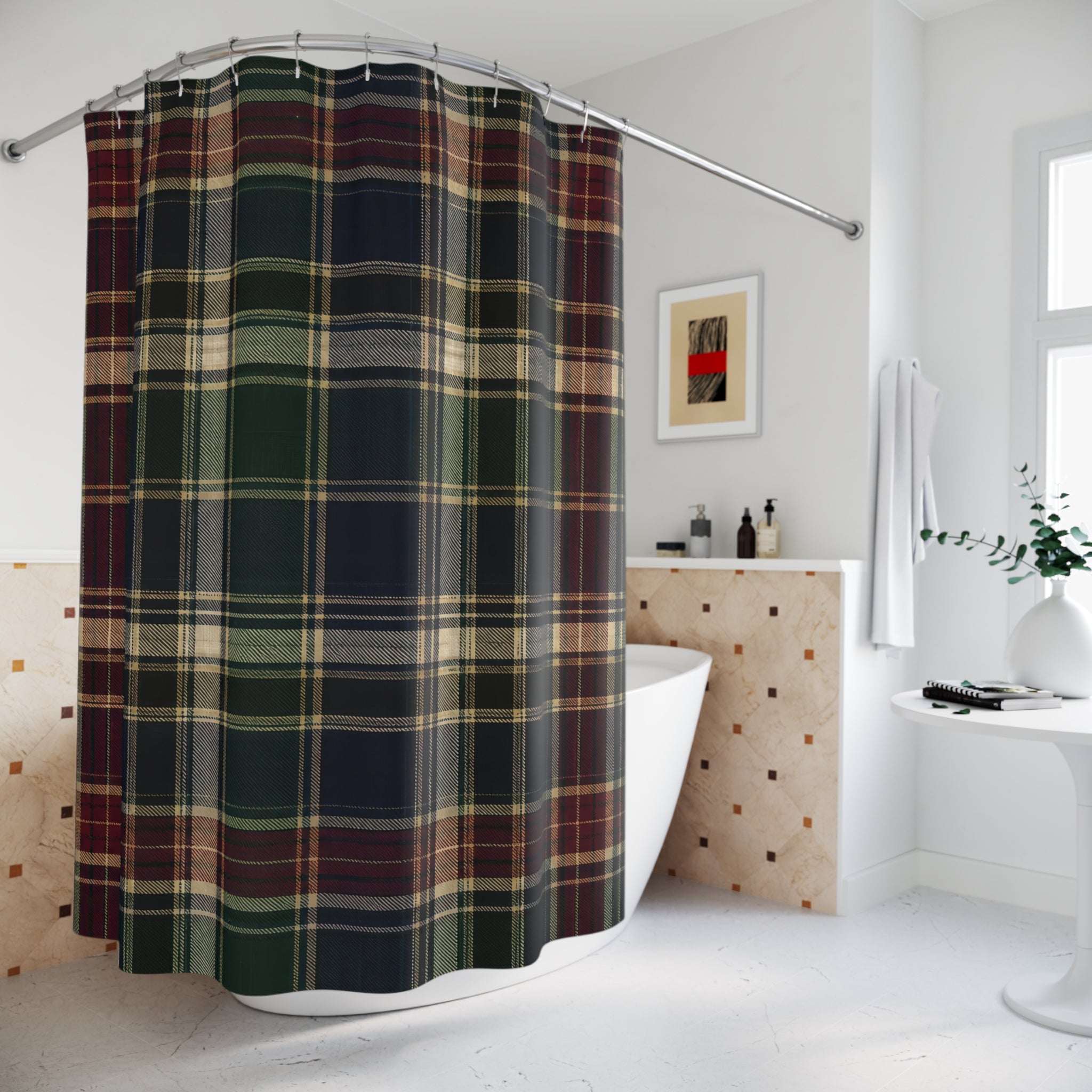 Plaid Shower Curtain: Green Navy Burgundy Tartan Pattern
