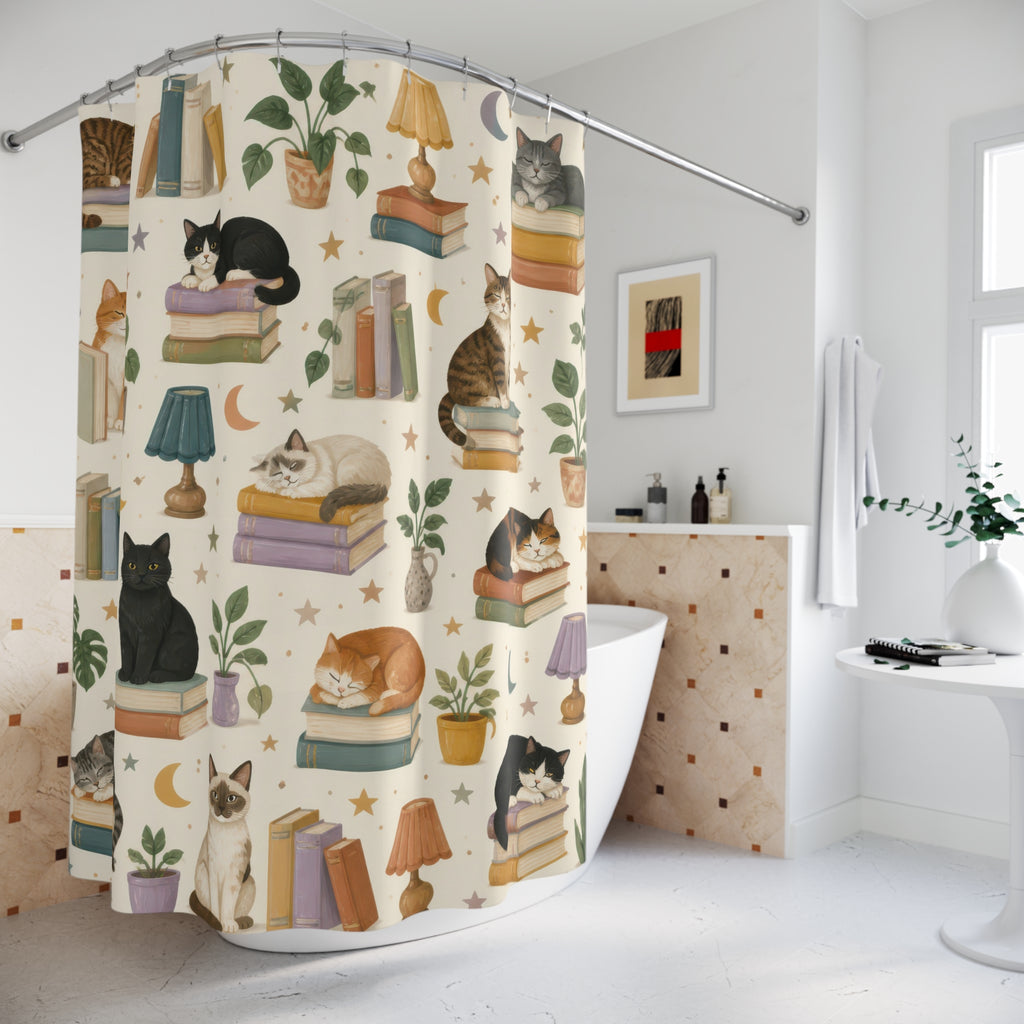 Kids Cat Shower Curtain, Cozy Reading Nook Book Pattern, Cute Library Bathroom Decor, Storybook Cozy Library Wall Decor Guest Bath Gift