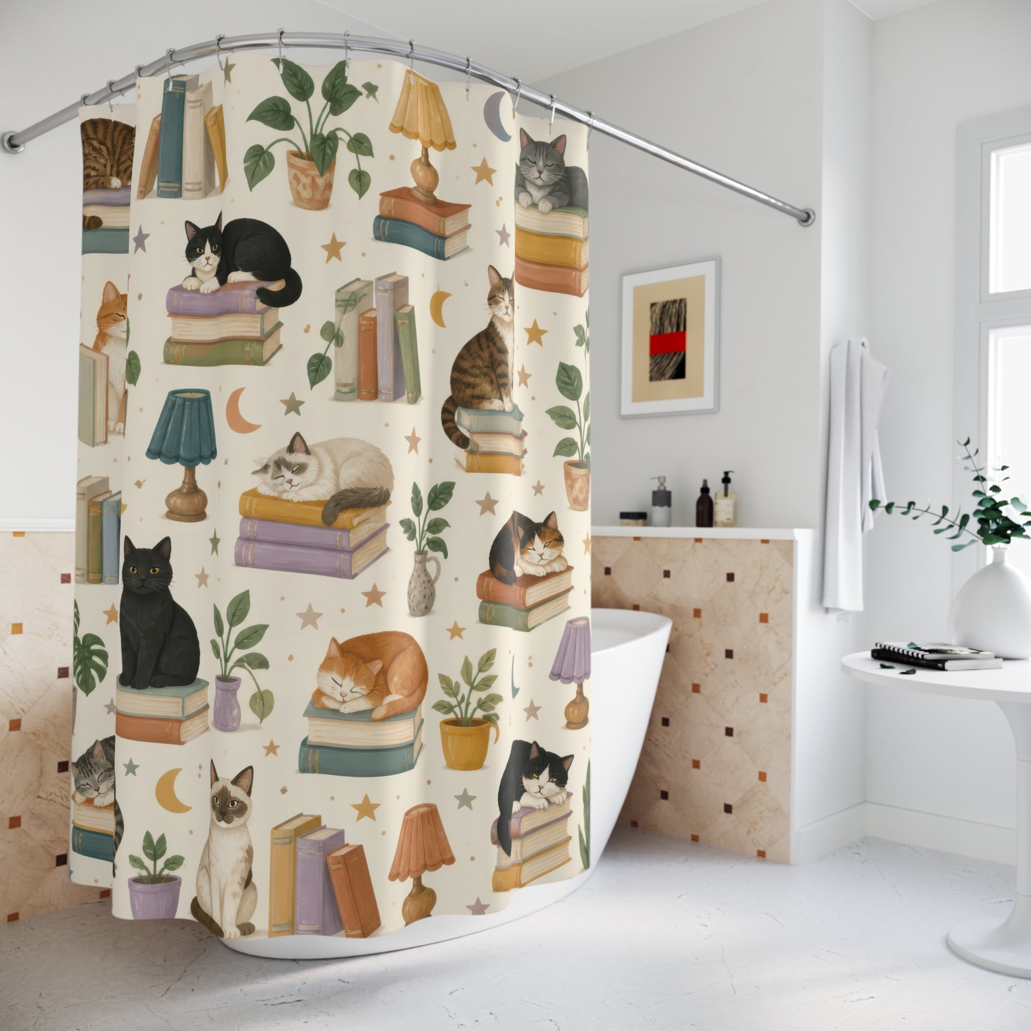 Kids Cat Shower Curtain, Cozy Reading Nook Book Pattern, Cute Library Bathroom Decor, Storybook Cozy Library Wall Decor Guest Bath Gift