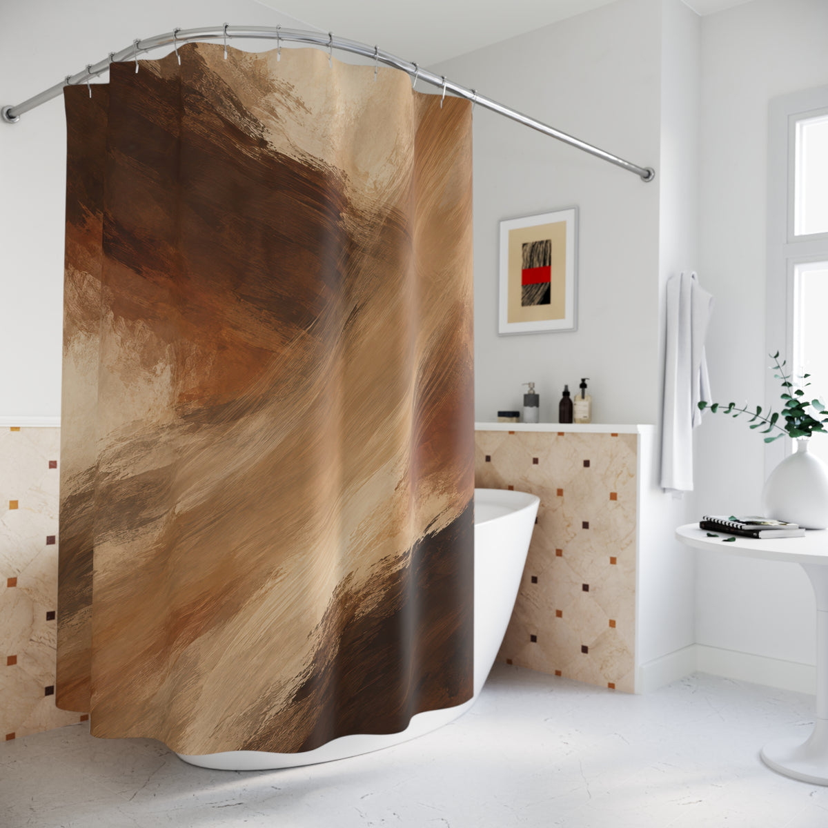 Umber and camel brushstrokes with cream openings shower curtain beside a freestanding tub