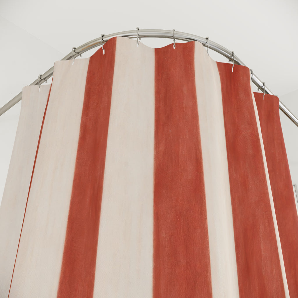 Red and White Painterly Stripe Shower Curtain