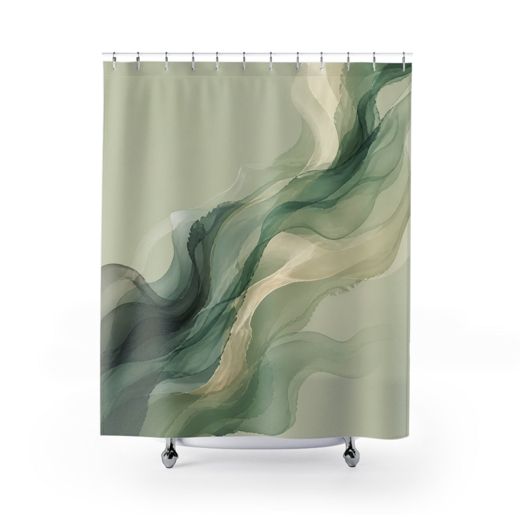 Abstract sage and olive ink wash forms with charcoal accents shower curtain with full front view