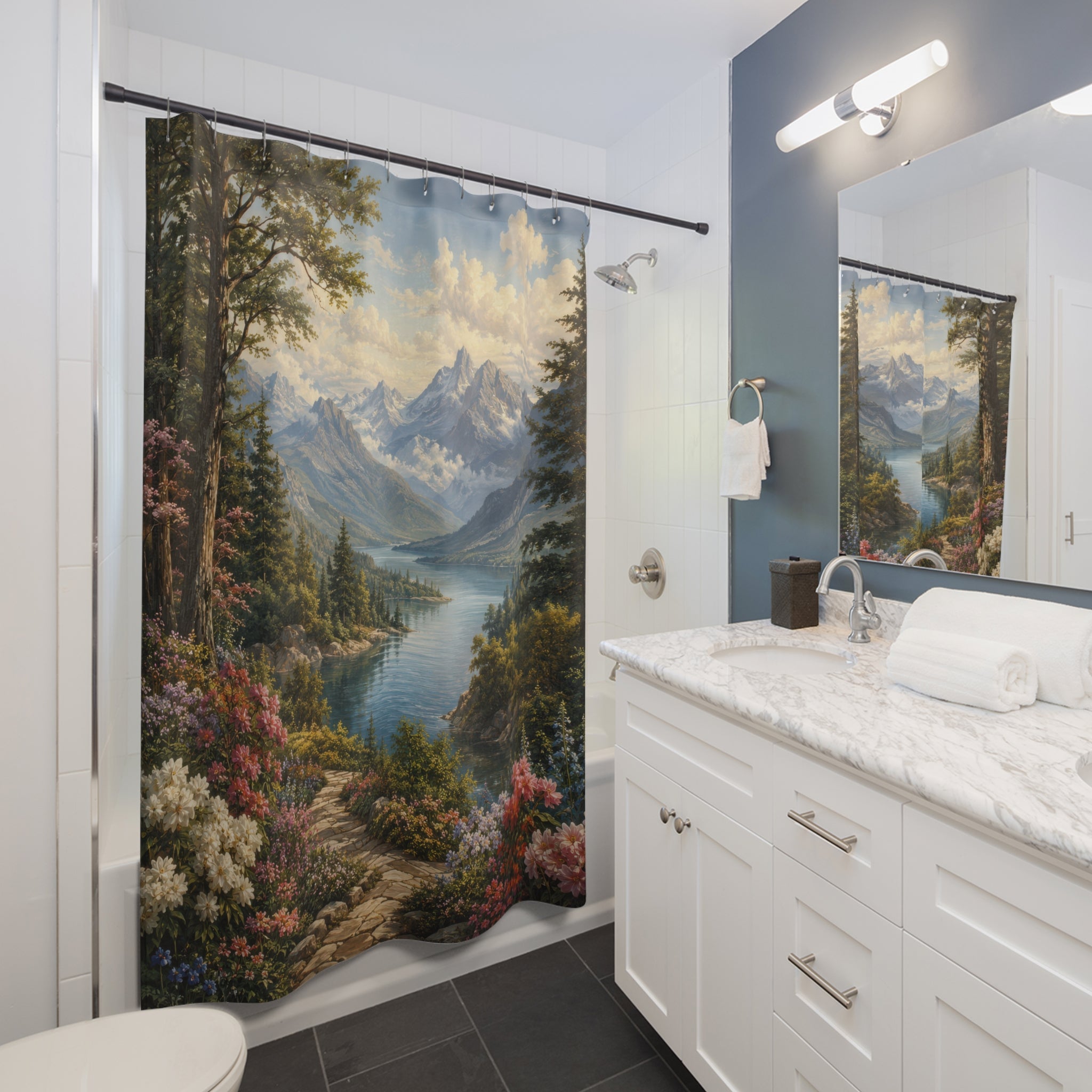 Mountain Lake Shower Curtain: Scenic Garden