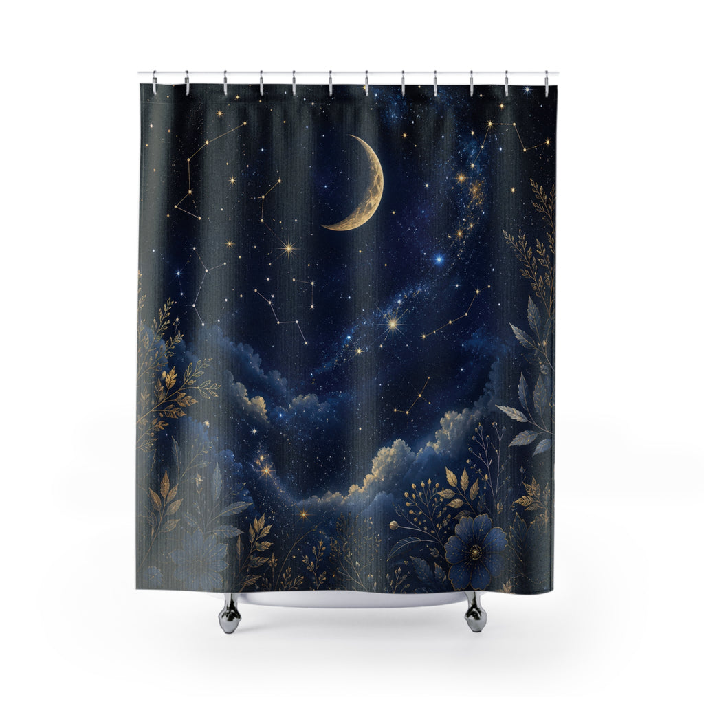 Night Sky Shower Curtain: Celestial Moon Star Landscape
