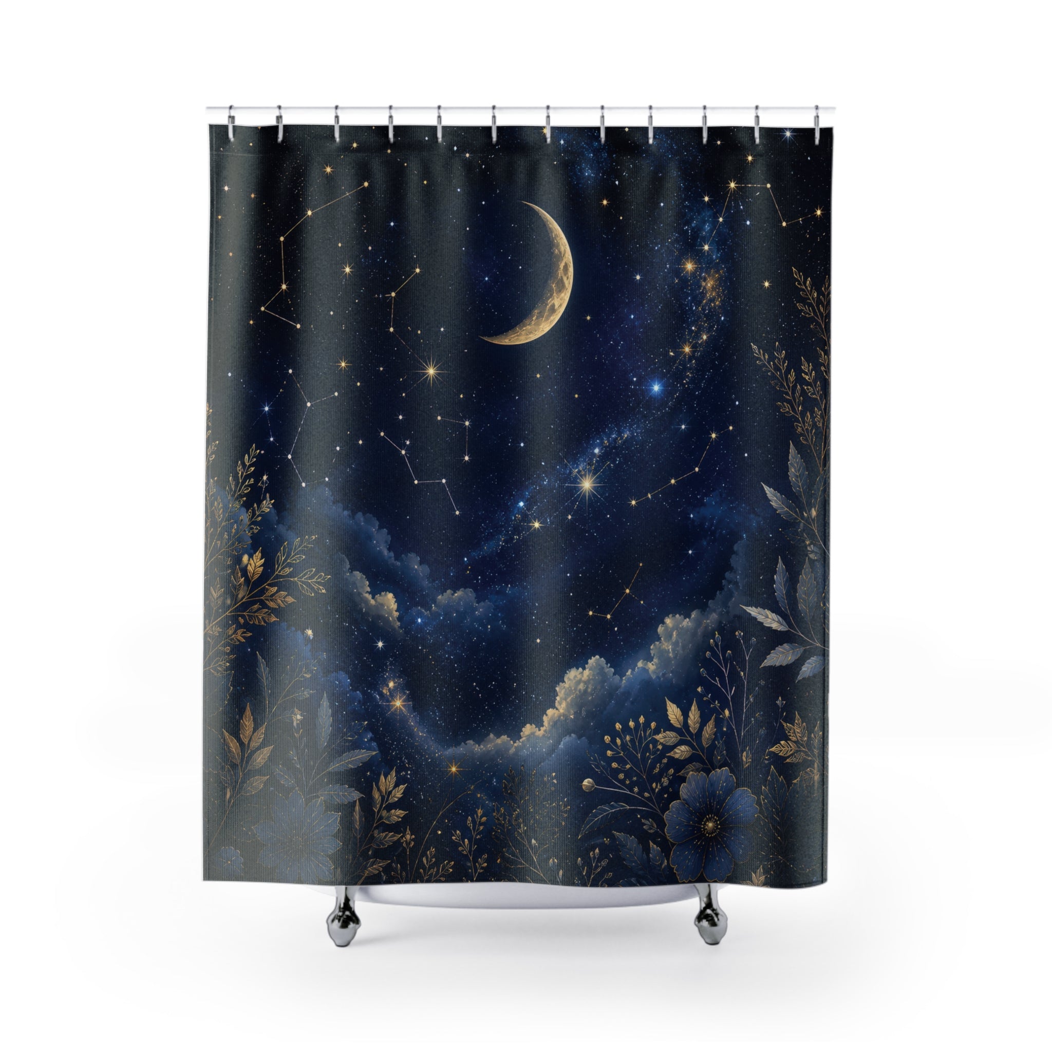 Night Sky Shower Curtain: Celestial Moon Star Landscape