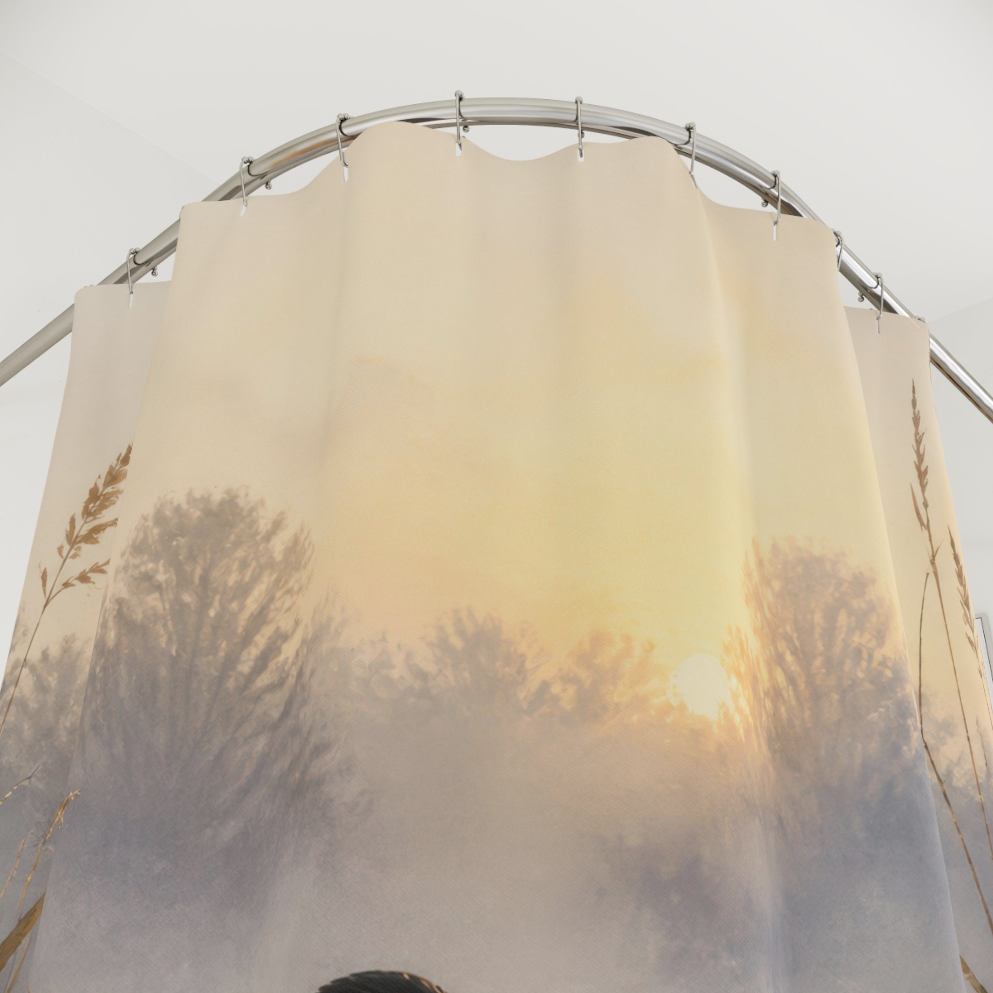 Blackbird beside a misty sunrise wetland reflection shower curtain with close-up print, hooks, and folds