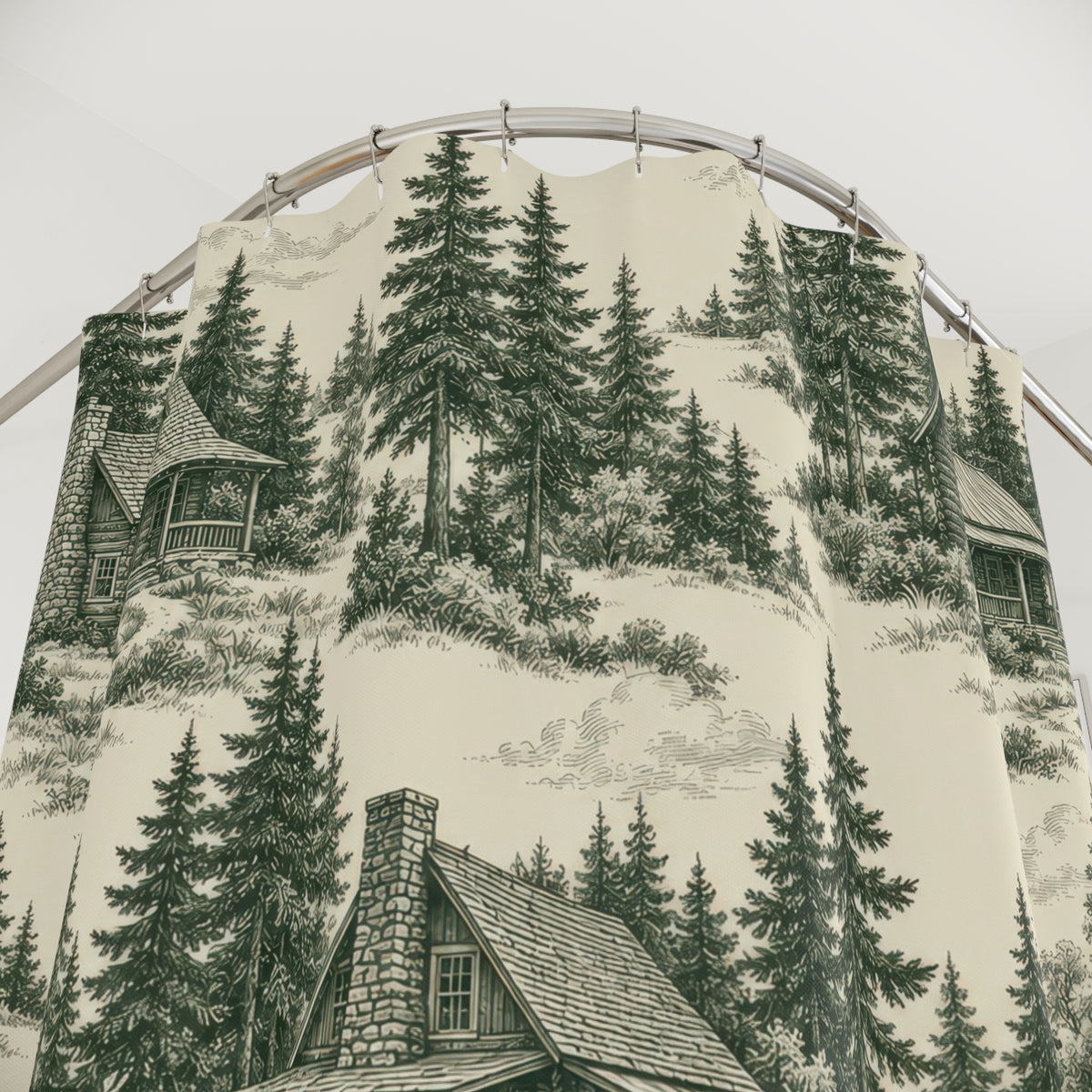 Forest green woodland cabin toile shower curtain with close-up print, hooks, and folds