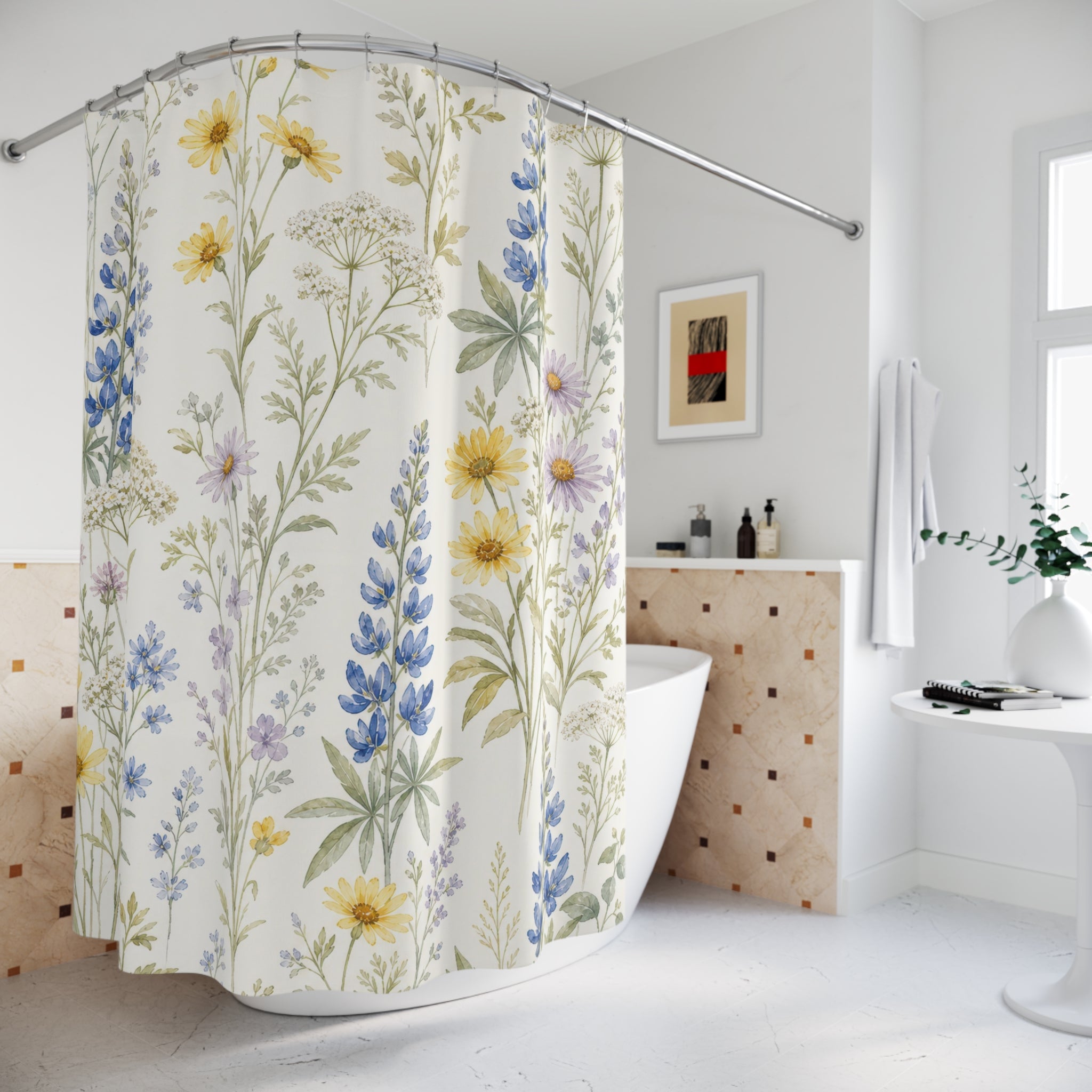 Blue Yellow Wildflower Watercolor Shower Curtain