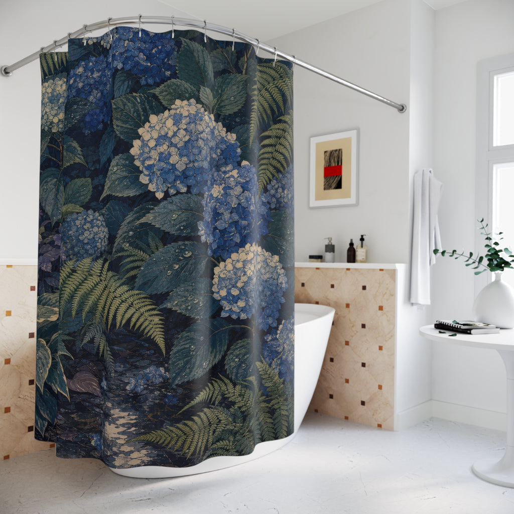 Woodblock Hydrangea Fern Garden Shower Curtain