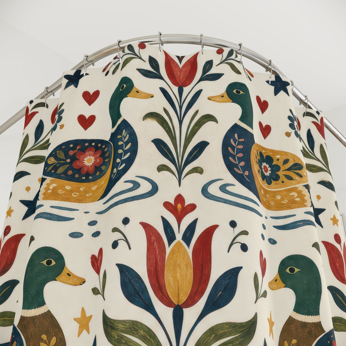 Folk Art Mallard Floral duck shower curtain with close-up print, hooks, and folds