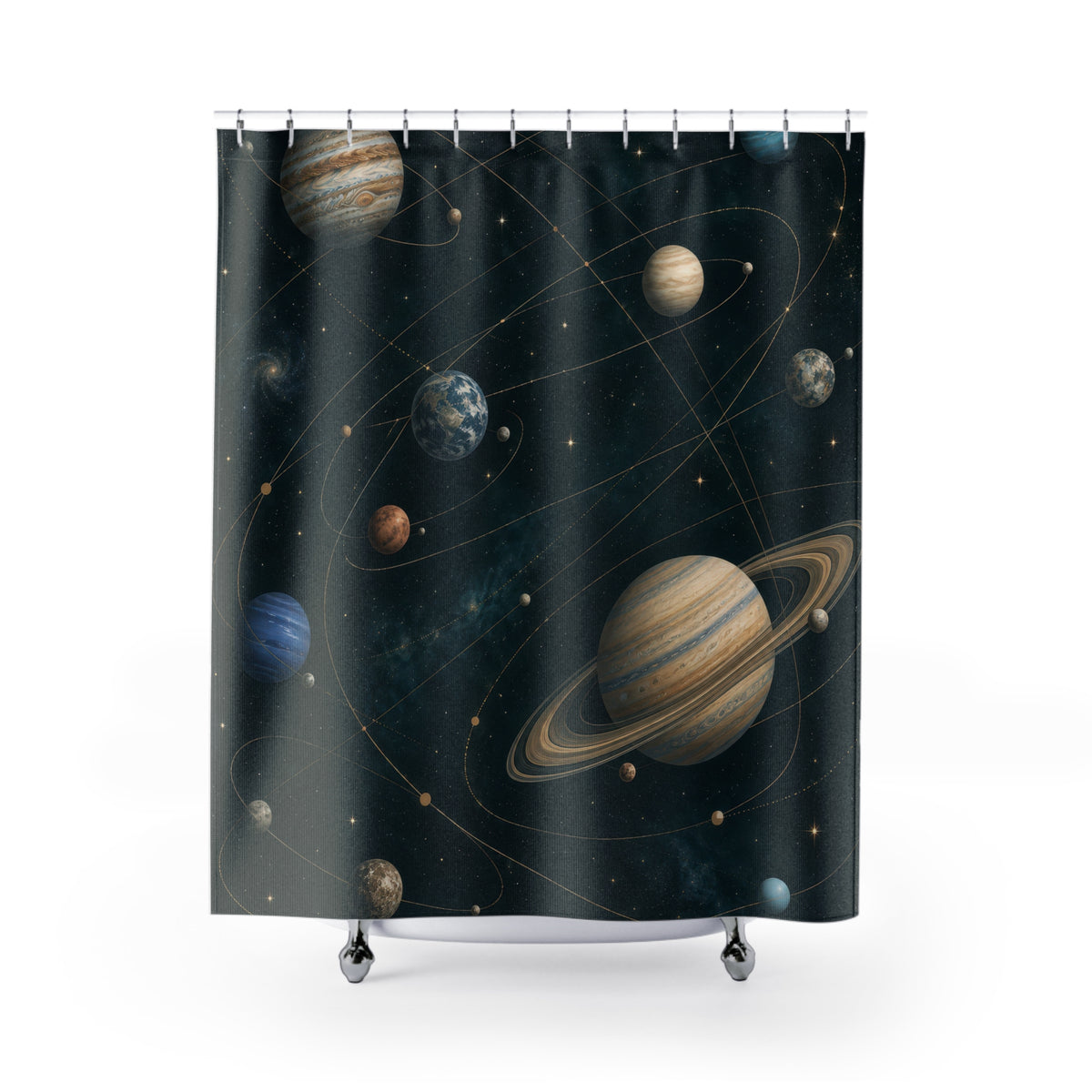 Blue and cream planets along gold orbits on dark teal shower curtain with full front view