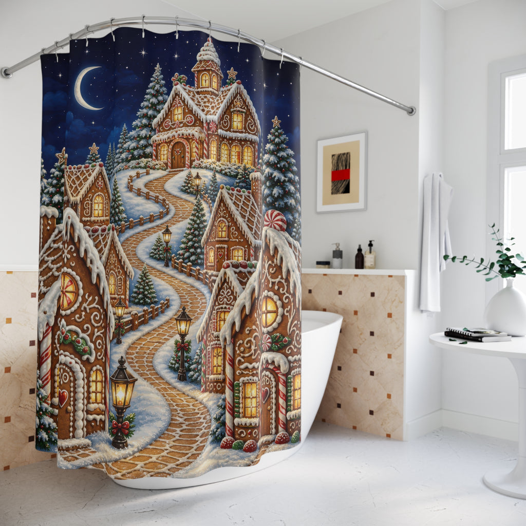 Moonlit gingerbread village with snowy cookie houses shower curtain beside a freestanding tub