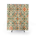 Folk Floral Tile green orange shower curtain with full front view