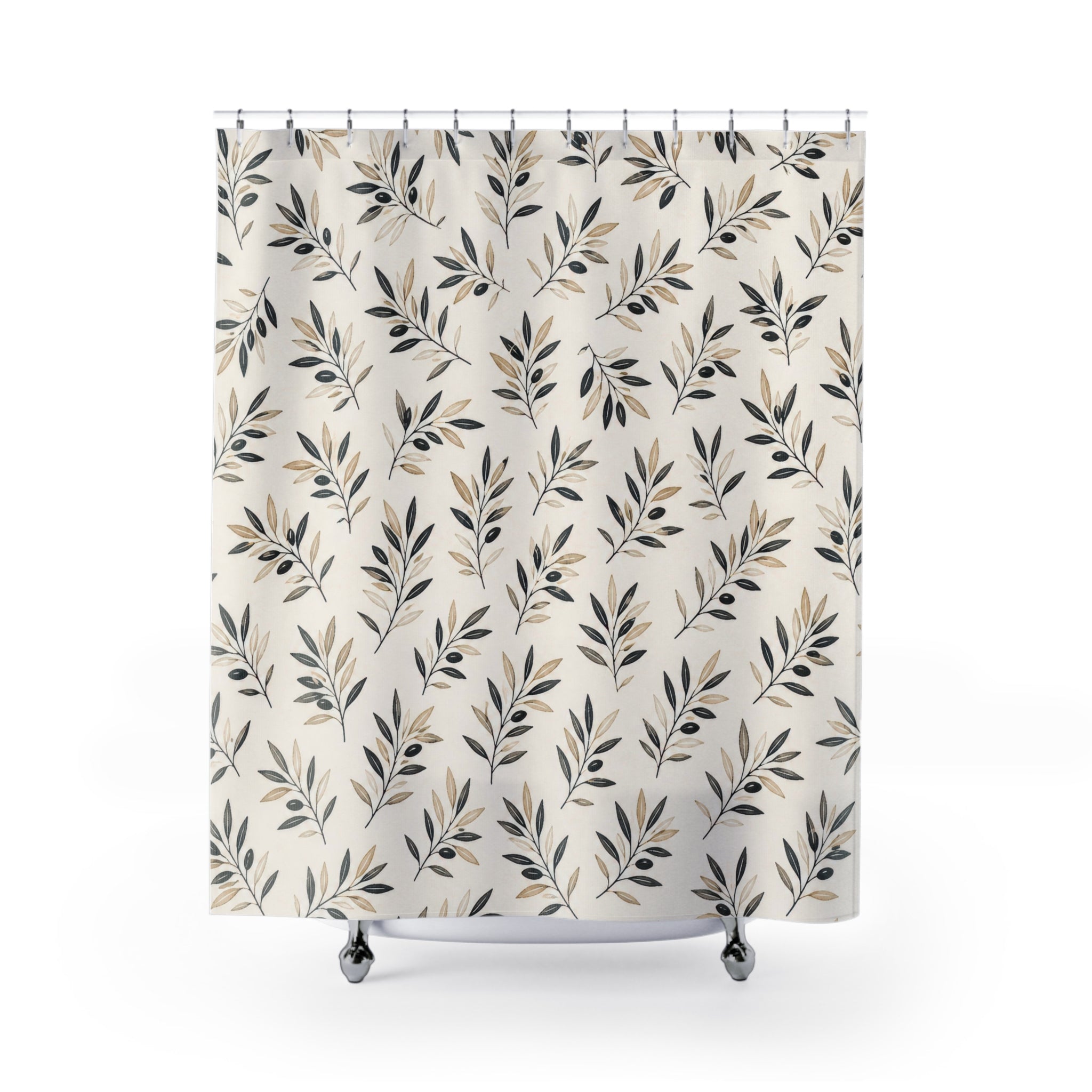 Black Beige Leaf Sprig Shower Curtain