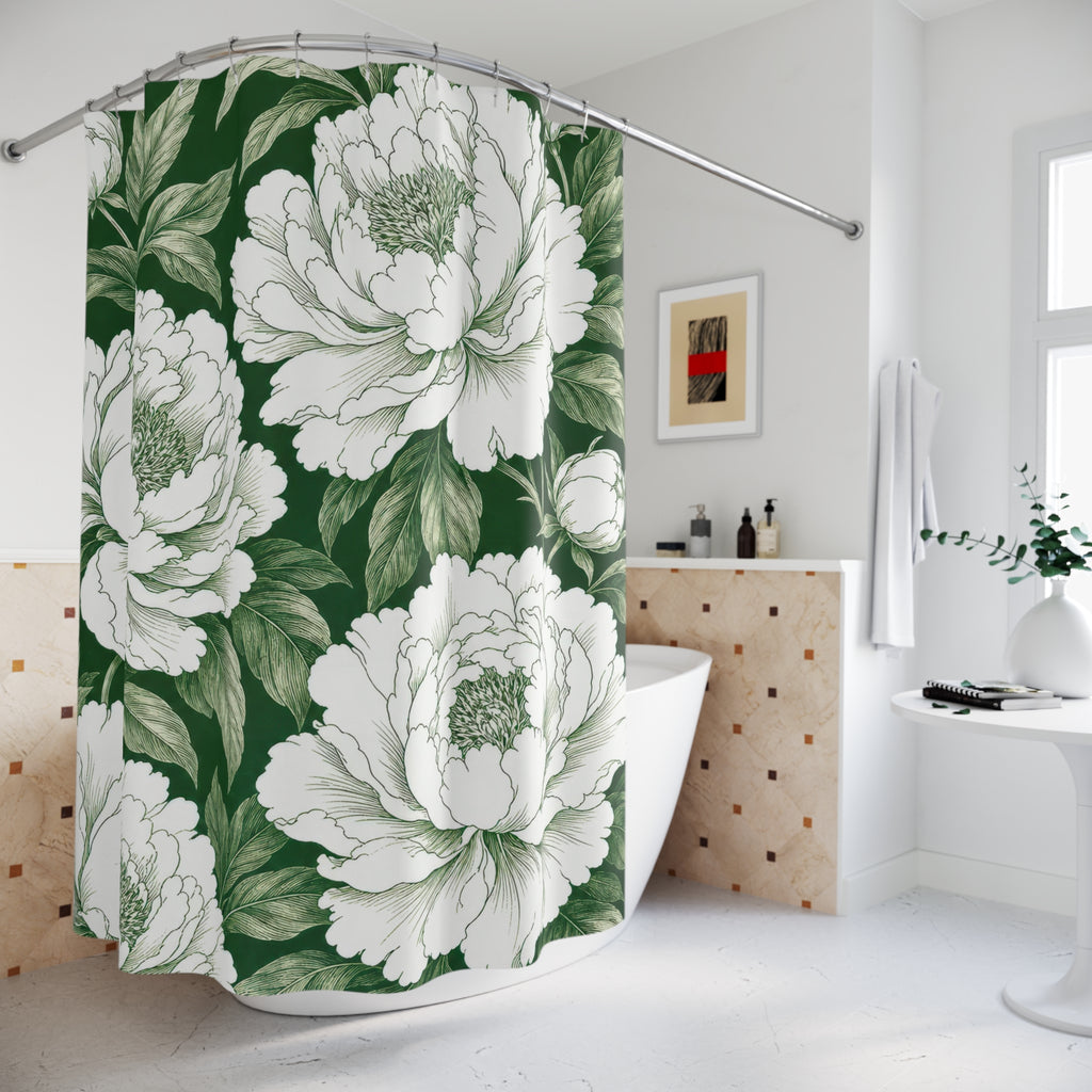 Green White Peony Botanical Shower Curtain