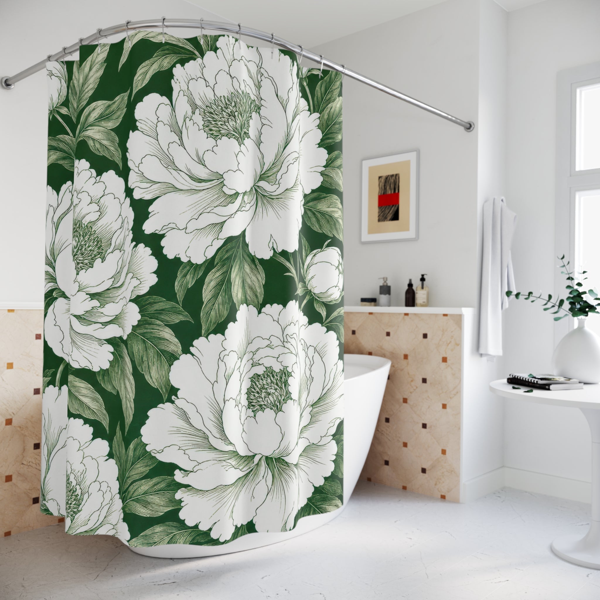 Green White Peony Botanical Shower Curtain