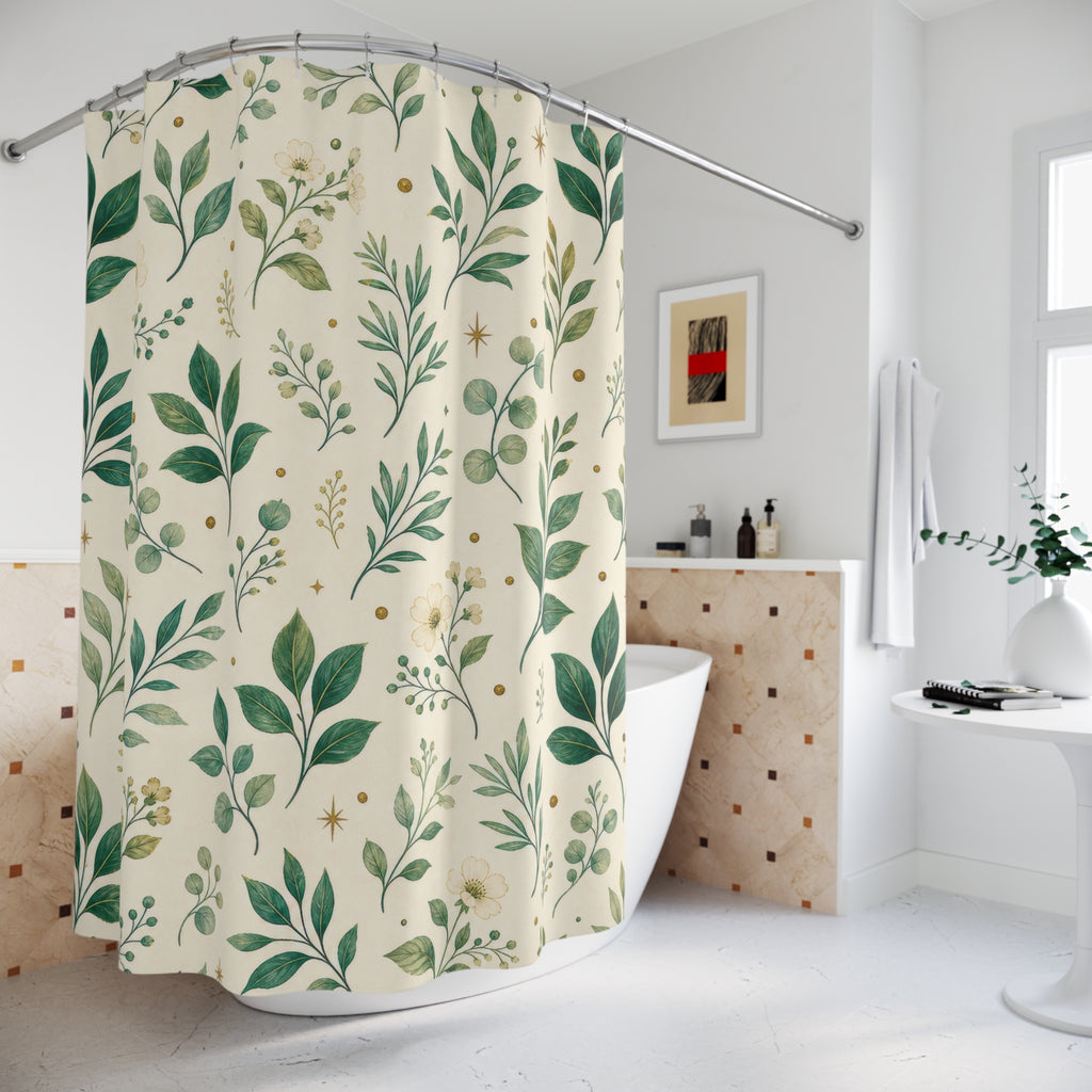 White Floral Botanical Emerald Green Shower Curtain