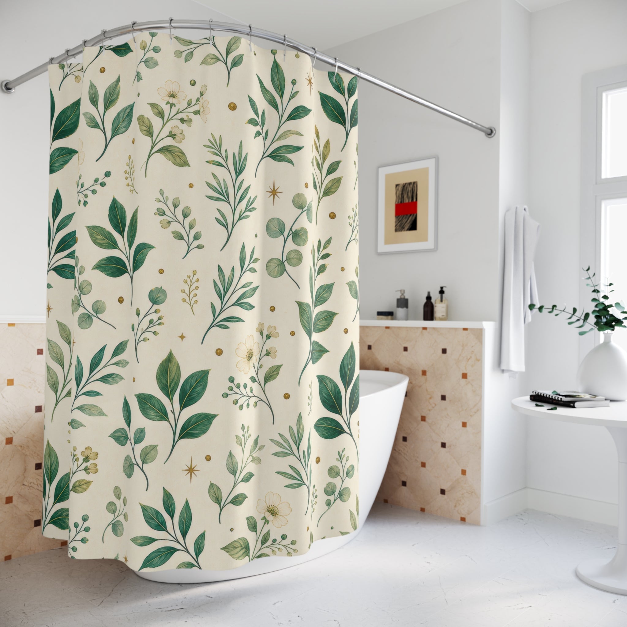 White Floral Botanical Emerald Green Shower Curtain