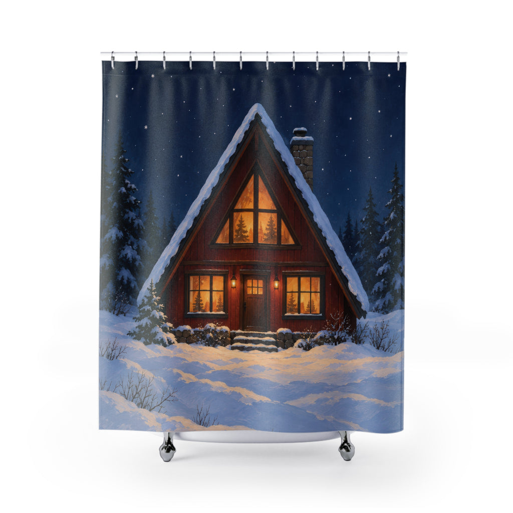Snowy red A-frame cabin with amber windows shower curtain with full front view