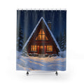 Snowy red A-frame cabin with amber windows shower curtain with full front view