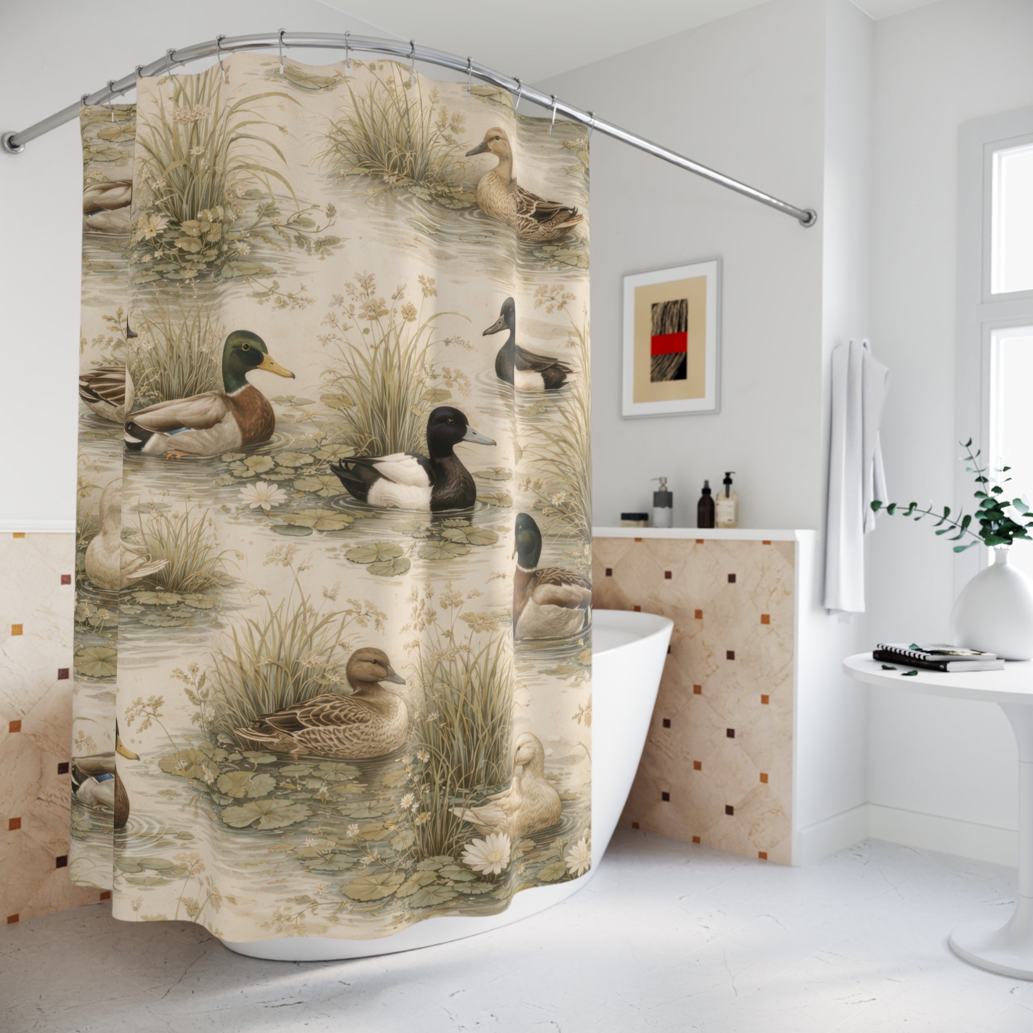 Duck Pattern Shower Curtain – Vintage Marsh Scene