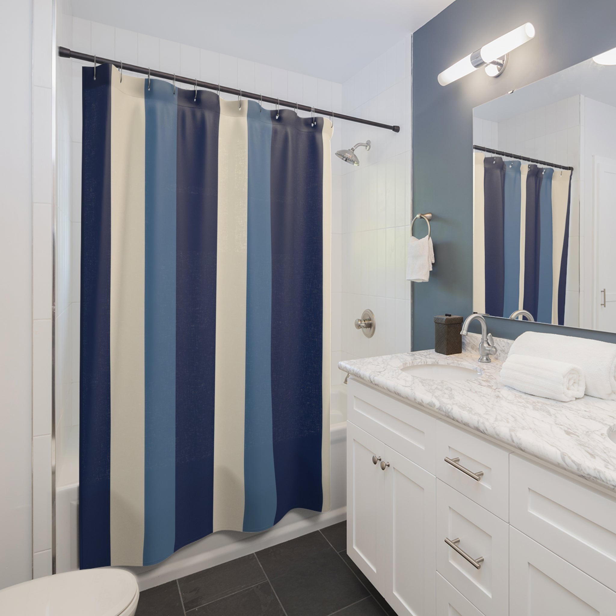 Navy Denim Blue Color Block Shower Curtain