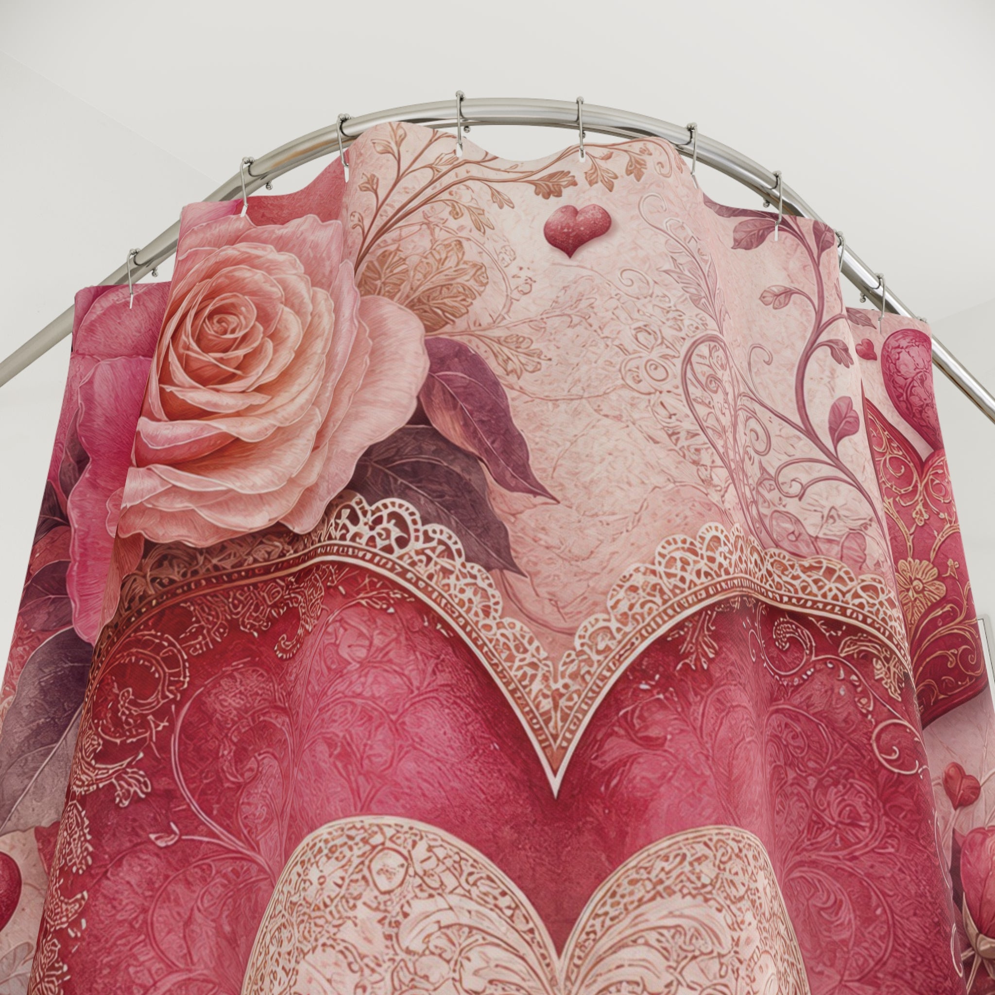 Valentine Shower Curtain: Pink Heart Rose Floral