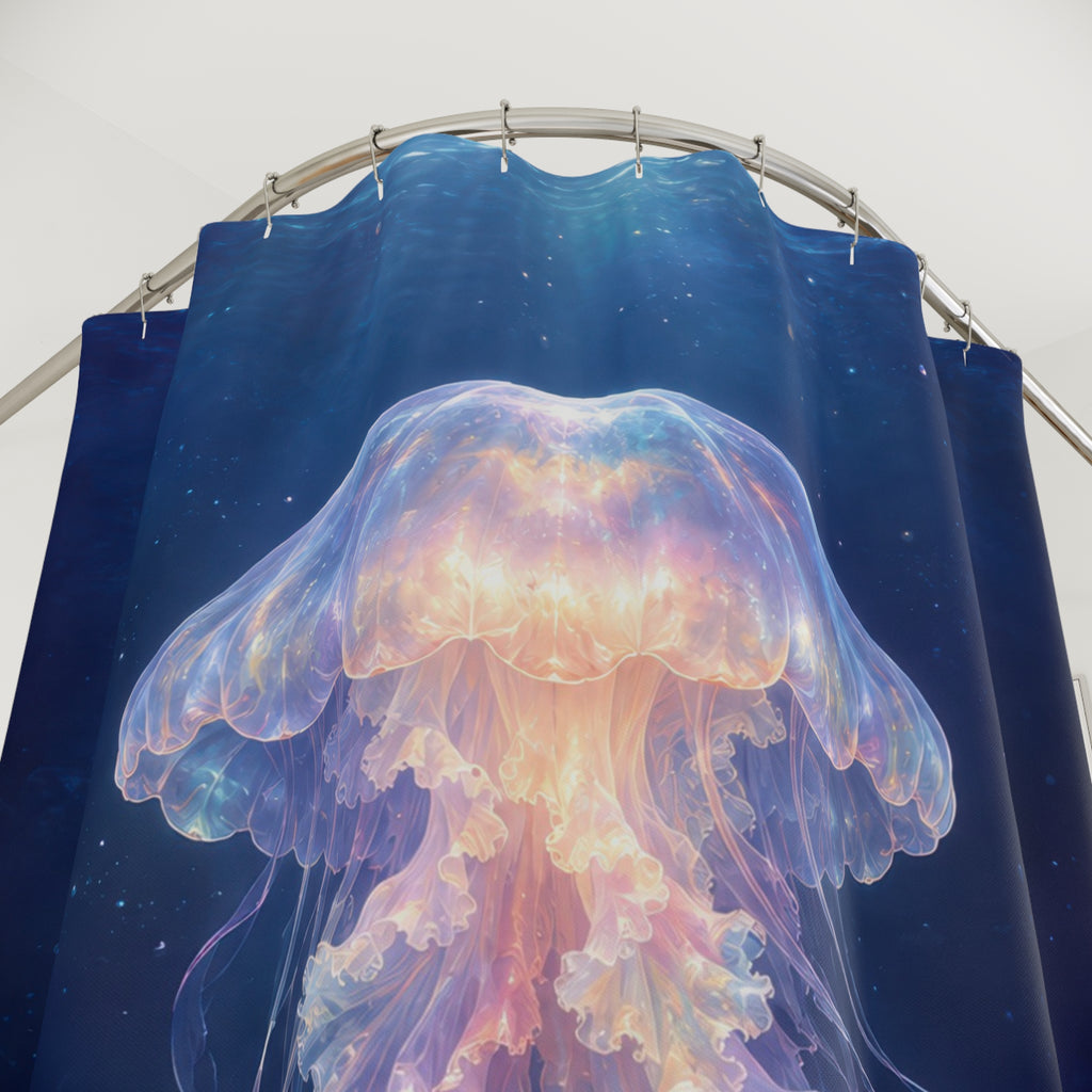Opalescent jellyfish in deep blue water shower curtain with close-up print, hooks, and folds