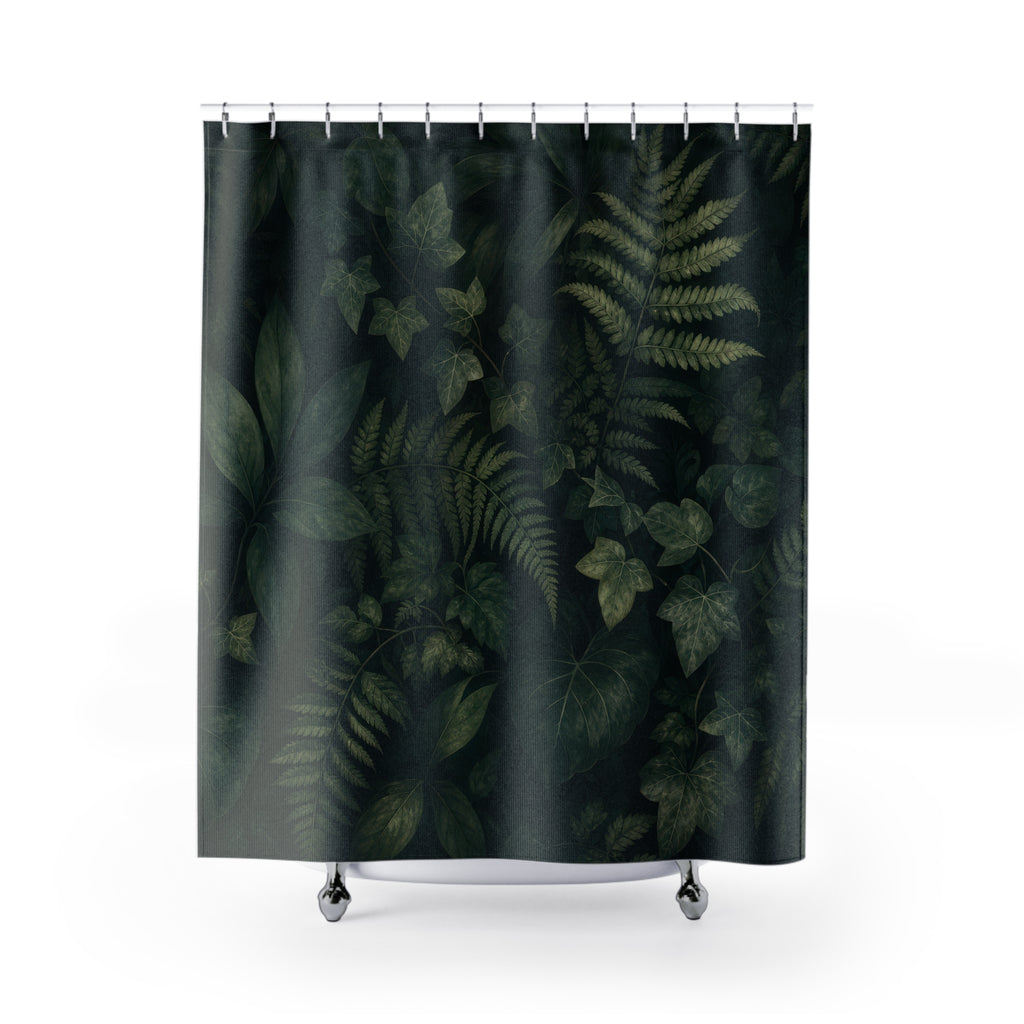 Dark Green Shower Curtain, Fern Forest Leaf Pattern, Moody Botanical Bath Decor, Deep Woodland Guest Bathroom Accent, Luxe Green Bath