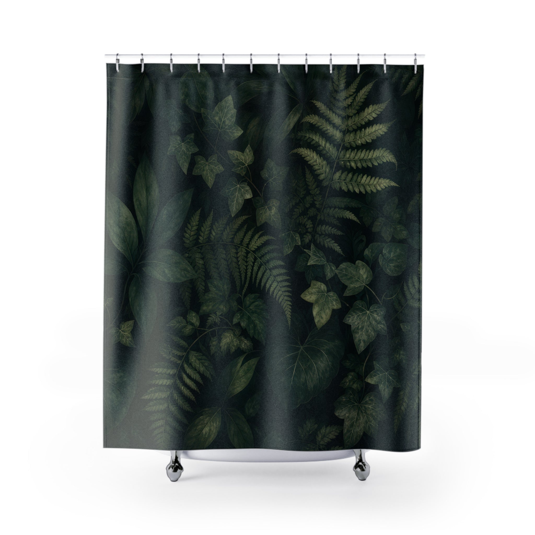 Dark Green Shower Curtain, Fern Forest Leaf Pattern, Moody Botanical Bath Decor, Deep Woodland Guest Bathroom Accent, Luxe Green Bath