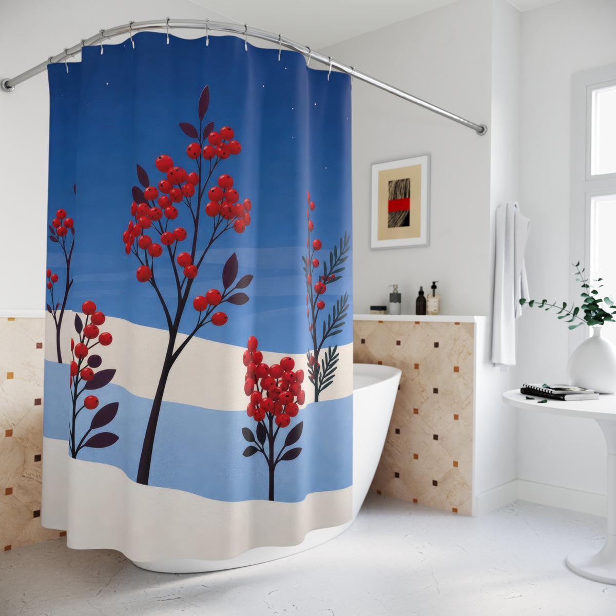 Red winter berry stems in layered blue snow shower curtain beside a freestanding tub