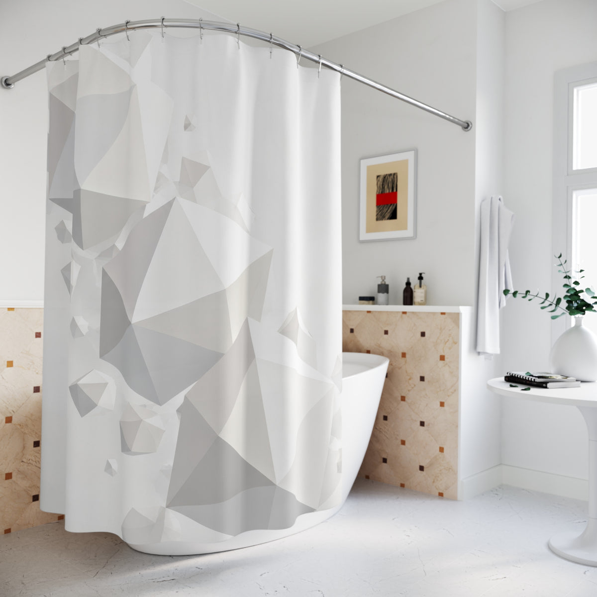Floating white polyhedra cascading across a pale mist-gray field shower curtain beside a freestanding tub