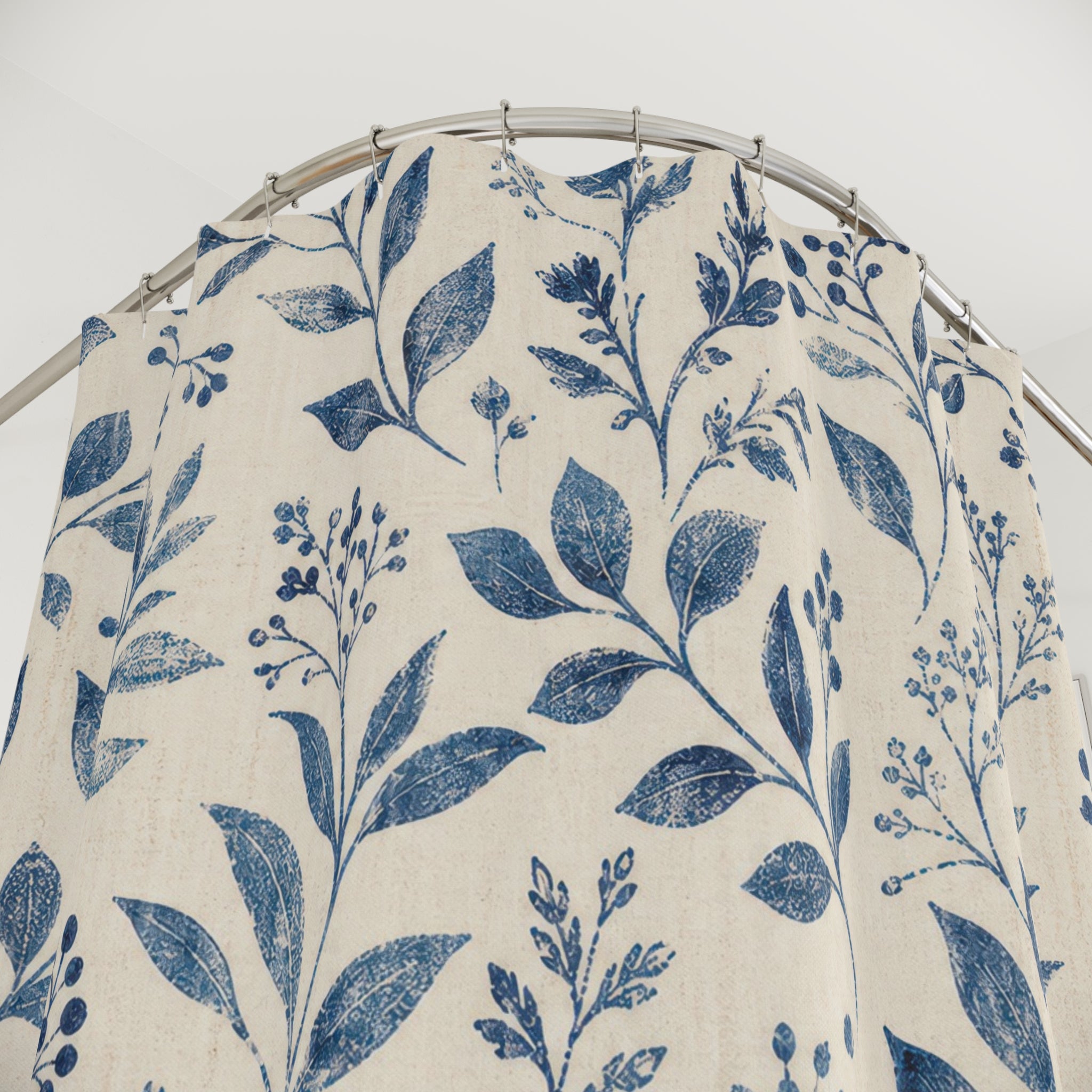 Navy Botanical Leaf Shower Curtain