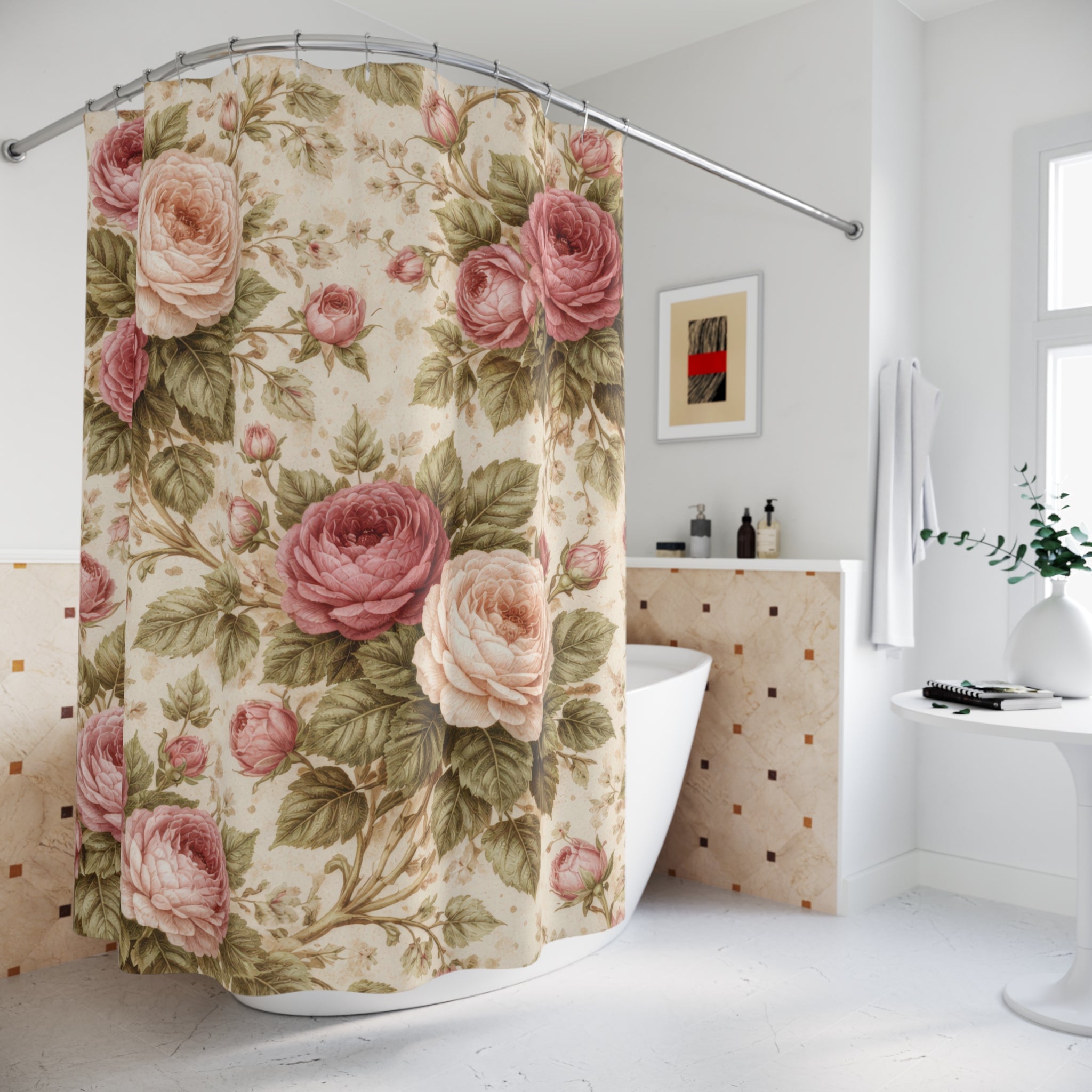 Cottagecore Rose Shower Curtain – Blush & Moss Garden