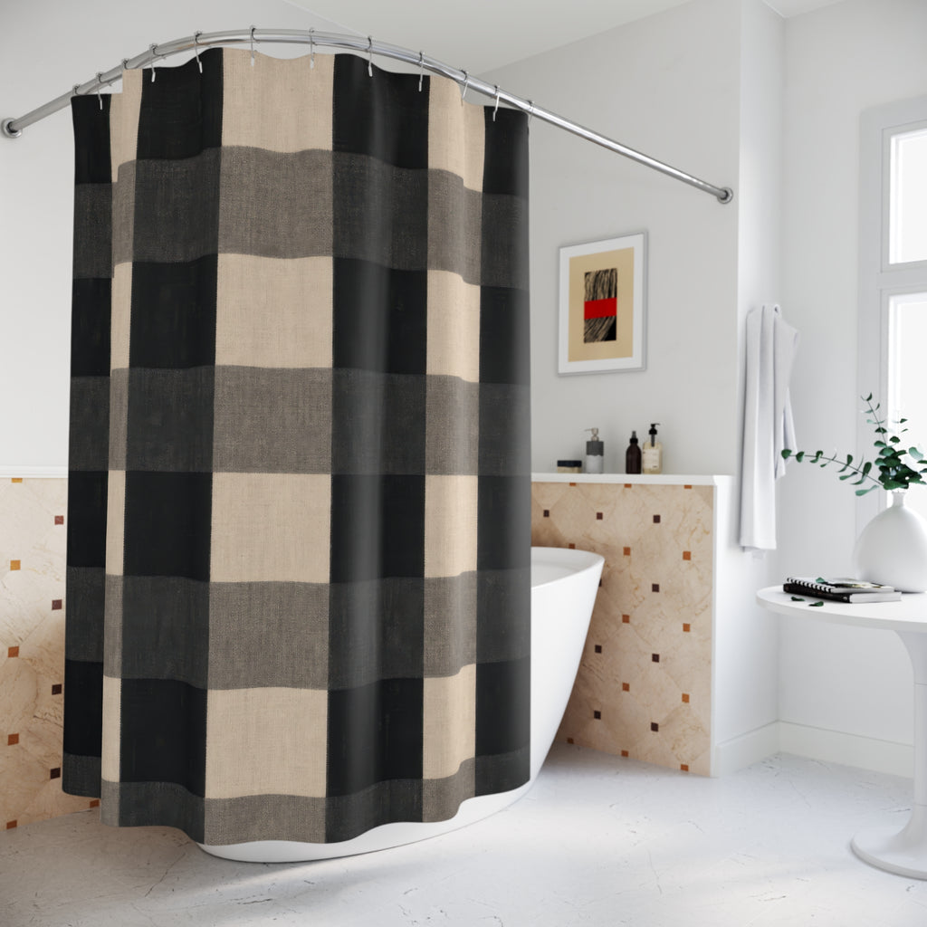 Buffalo Check Shower Curtain, Black Grey Cream Plaid Pattern, Farmhouse Bathroom Decor, Neutral Guest Bath Country Style