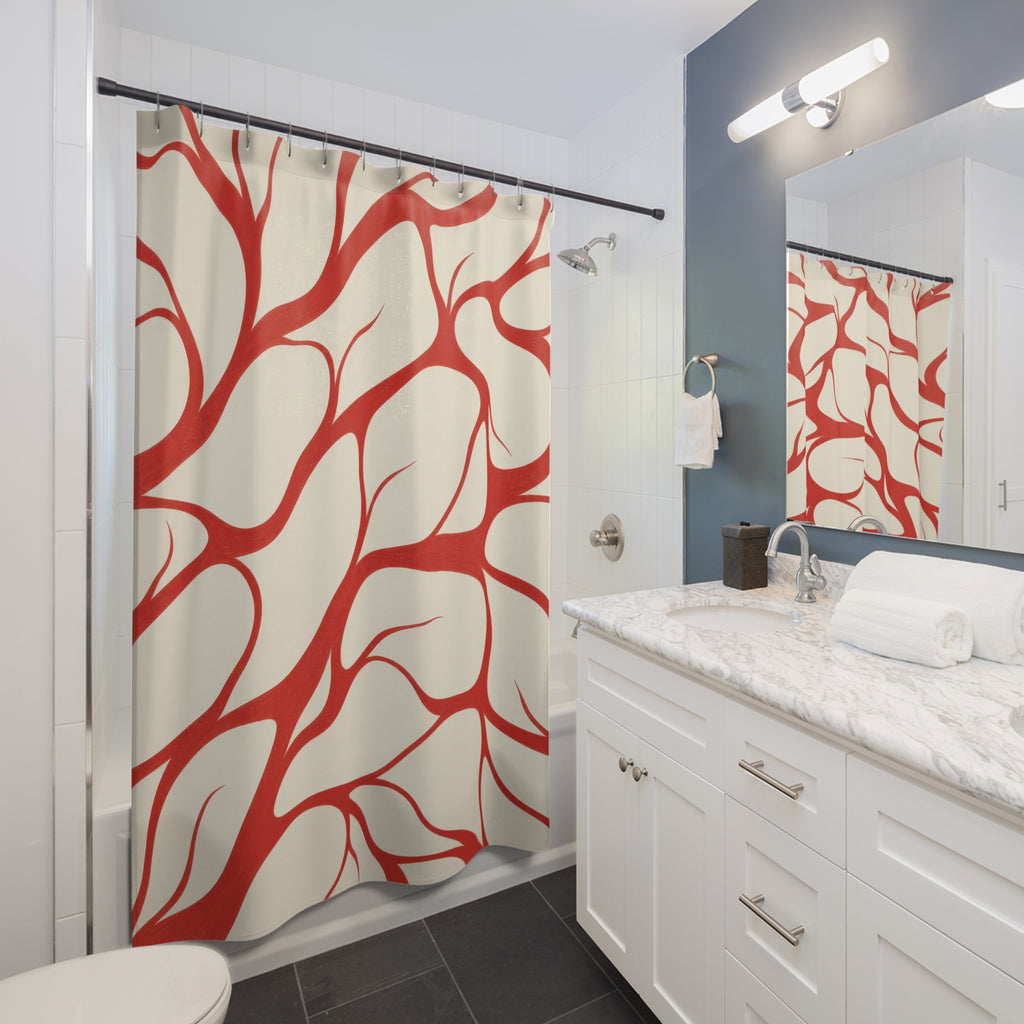 Red tapered branching lines across warm cream shower curtain beside a white vanity