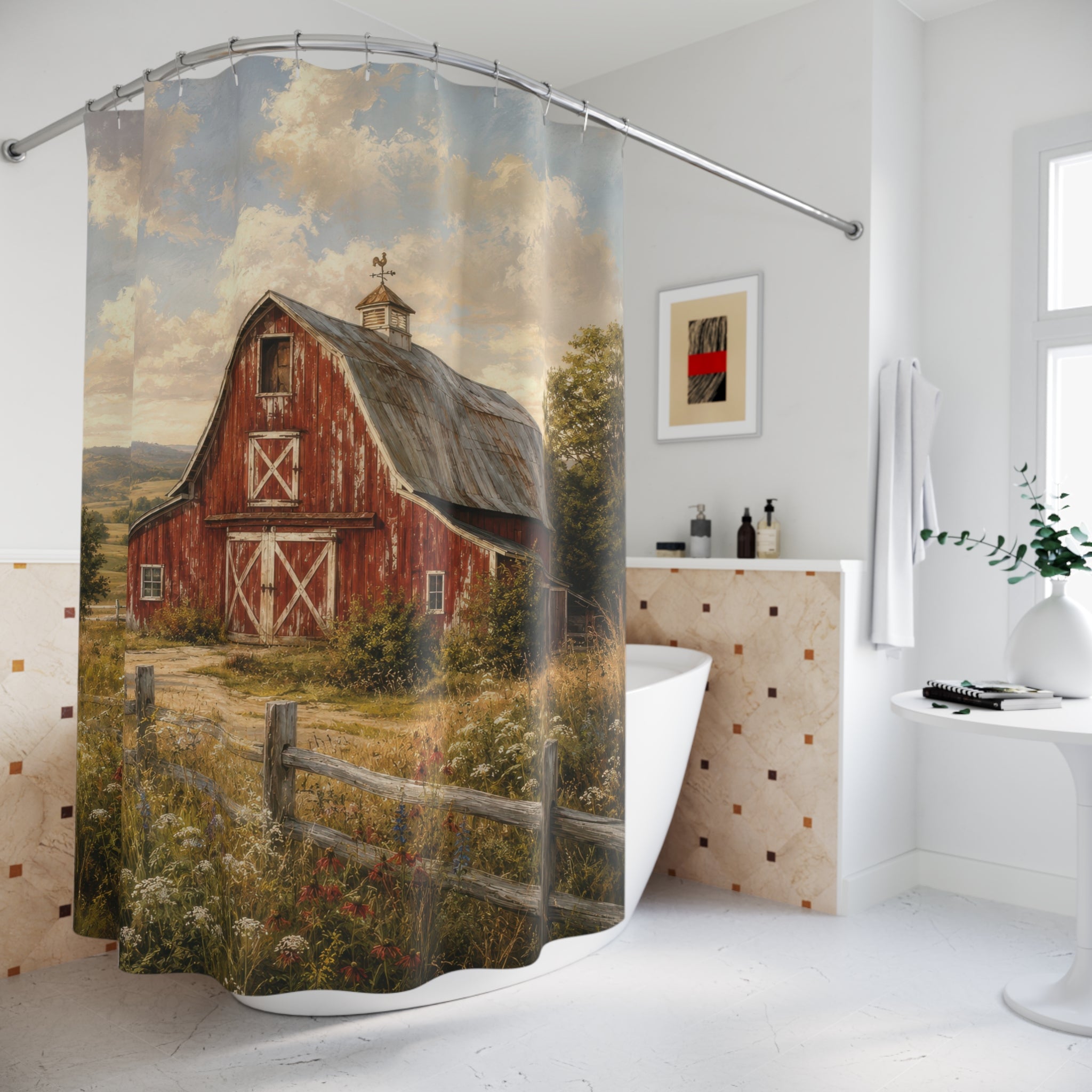 Barn Shower Curtain: Red Farmhouse Landscape