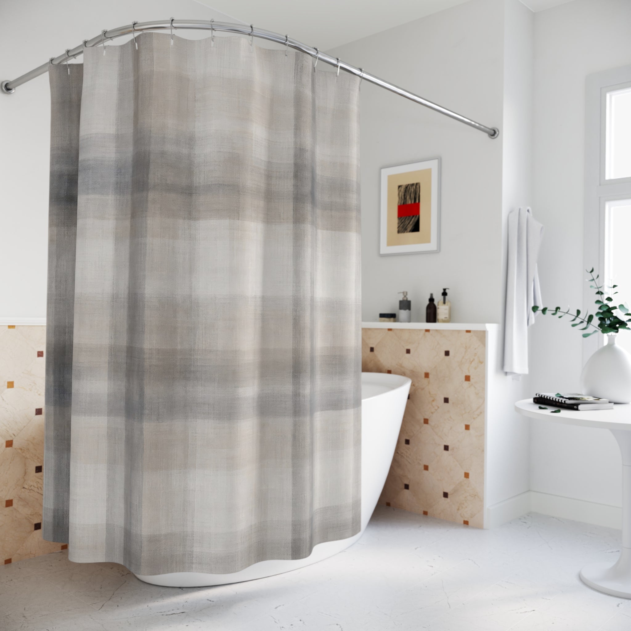 Plaid Shower Curtain, Gray Cream Bath Decor, Soft Checkered Pattern, Neutral Farmhouse Guest Bathroom Decor, Classic Gray Plaid Style